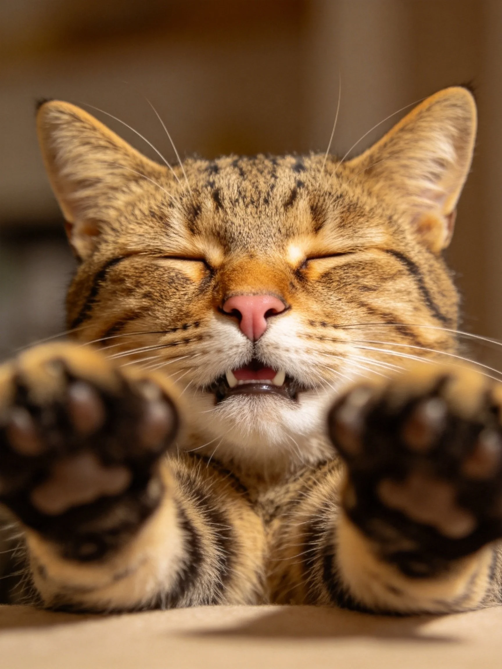 A content brown tabby cat stretches forward with outstretched paws