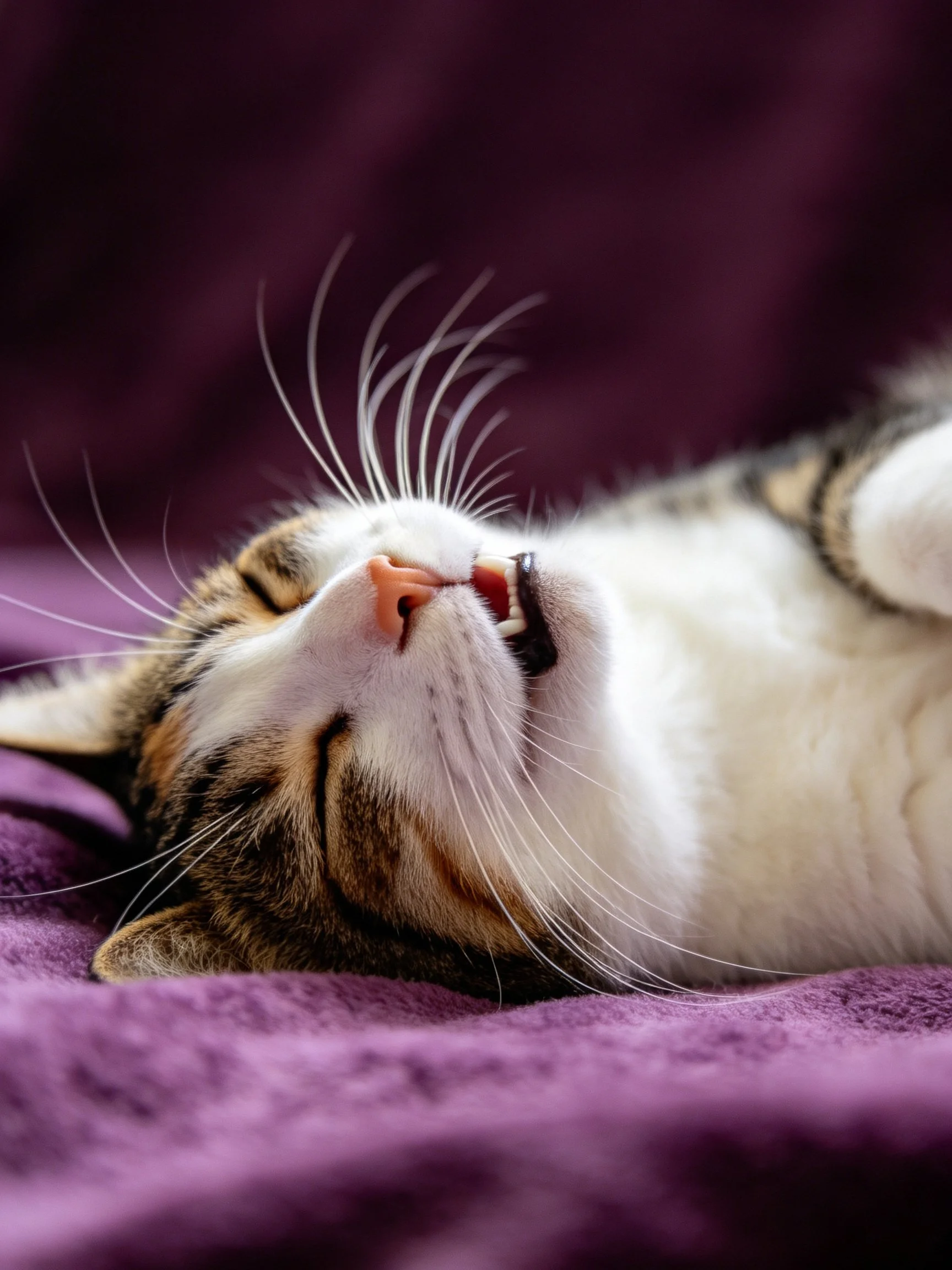 A content calico cat resting on a plush purple blanket