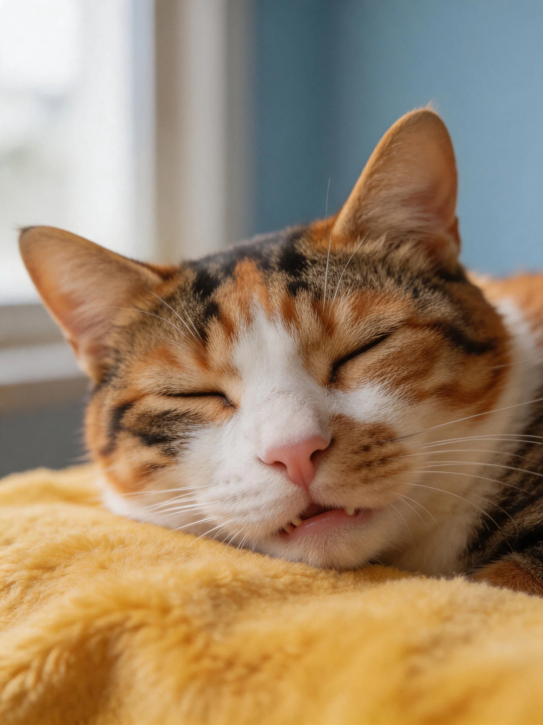 A content calico cat resting on a plush yellow blanket by a window