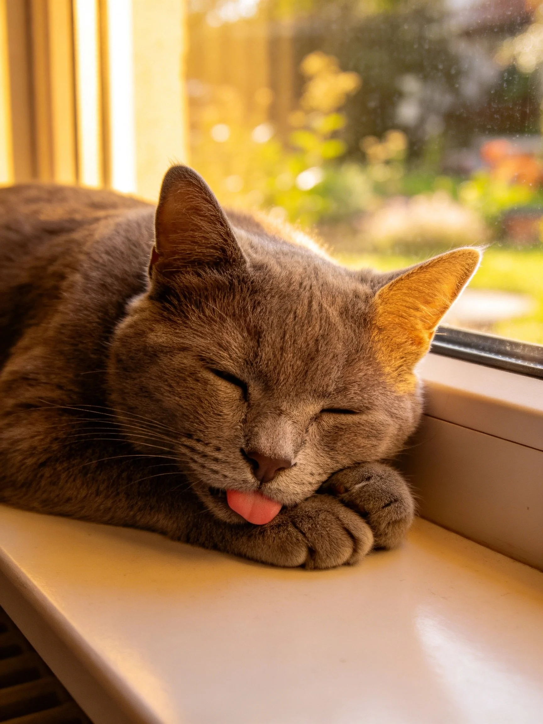 A content gray cat lounging by a sunlit window