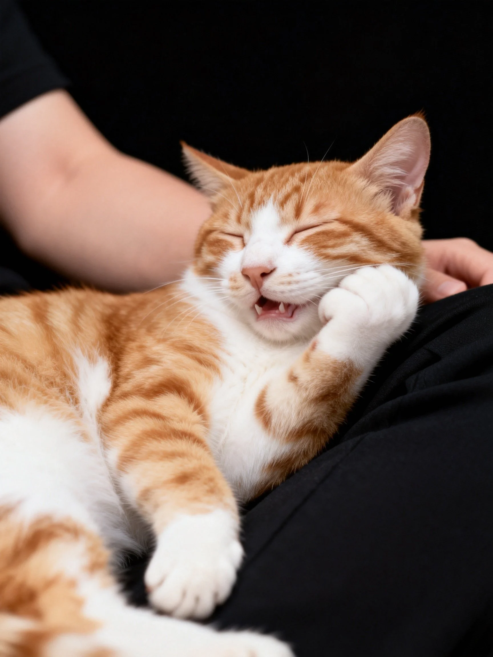 A content orange and white tabby cat resting on black clothing