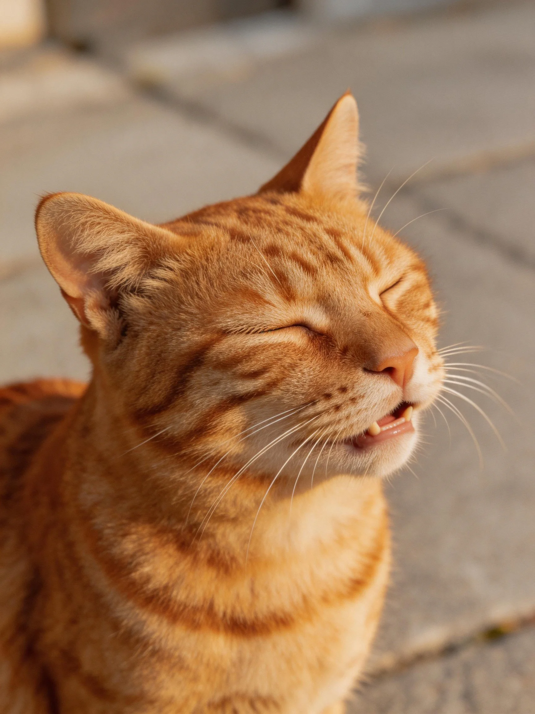 A content orange tabby cat basking in soft outdoor light