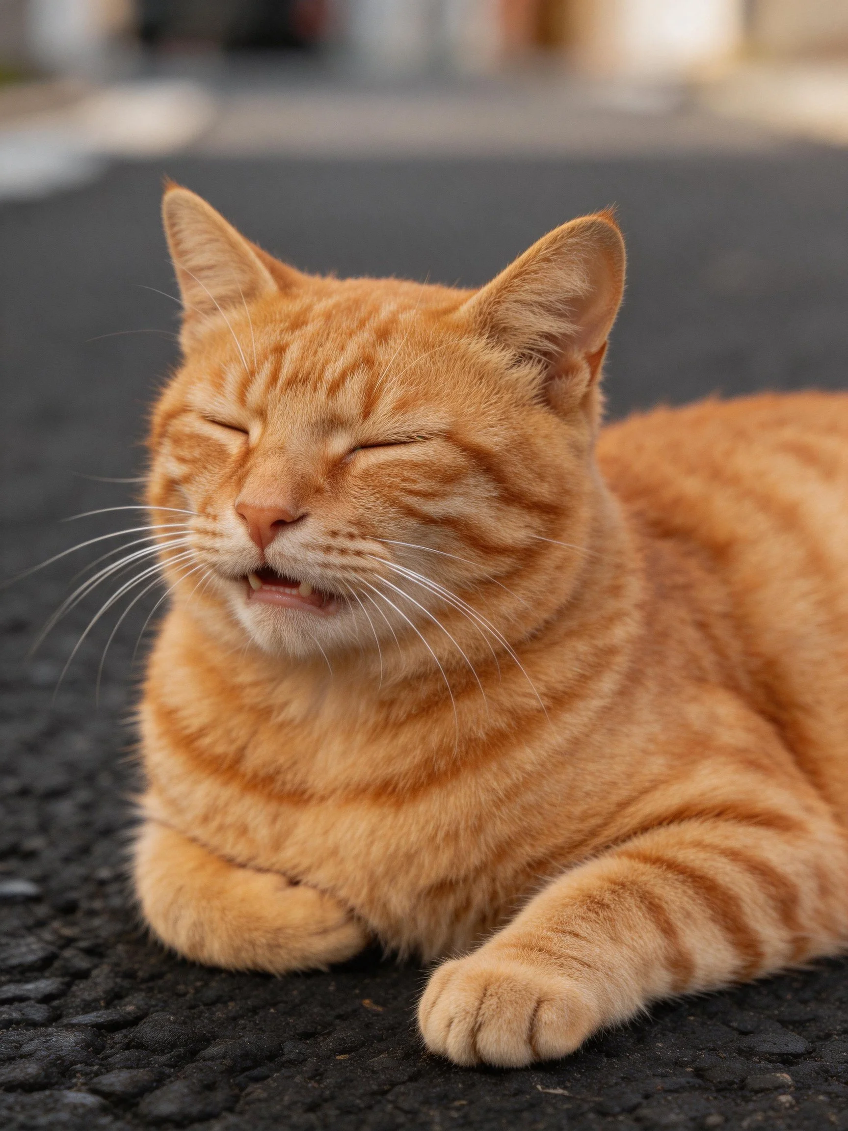 A content orange tabby cat lies on dark pavement