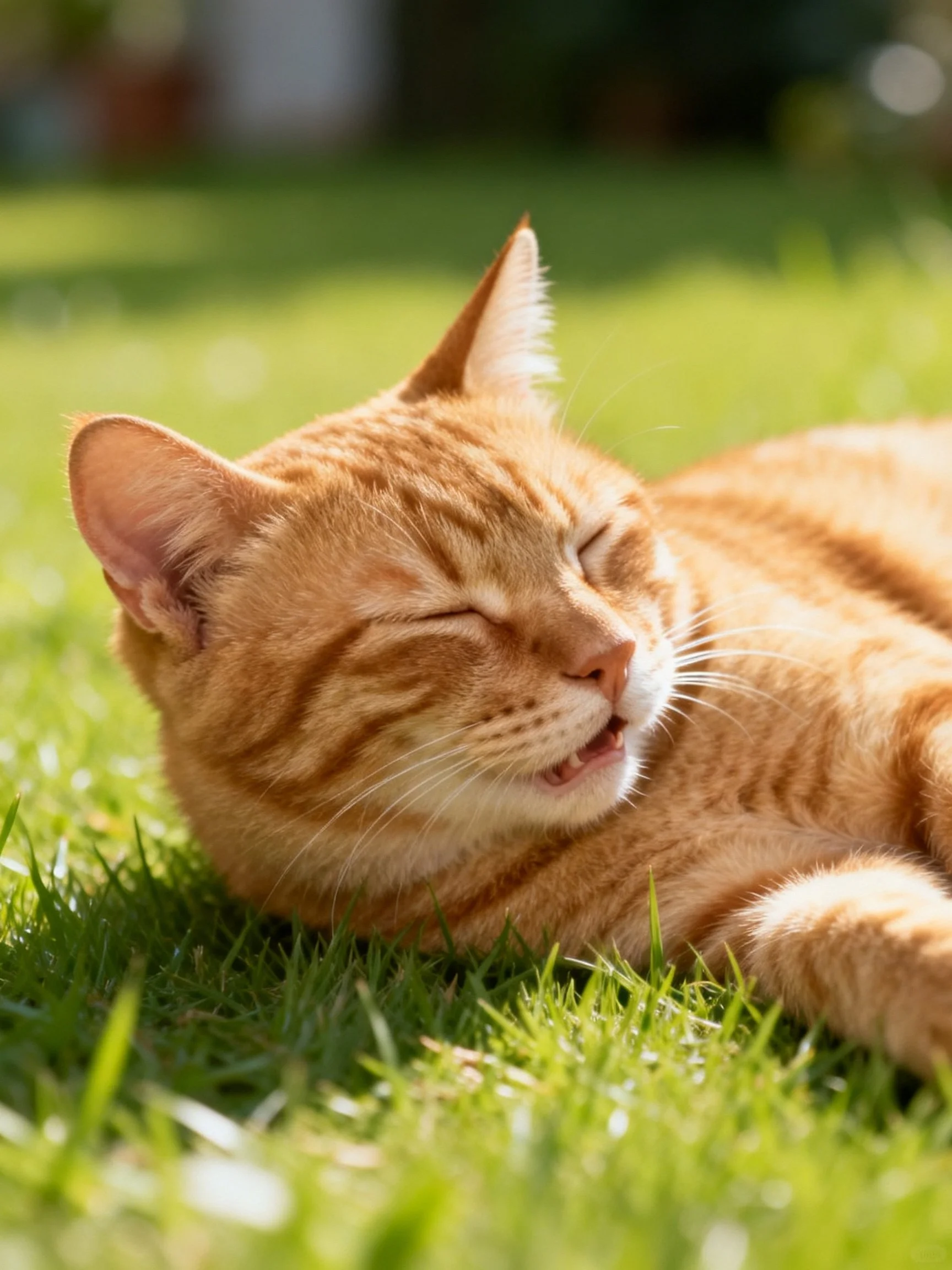 A content orange tabby cat lounging on vibrant green grass