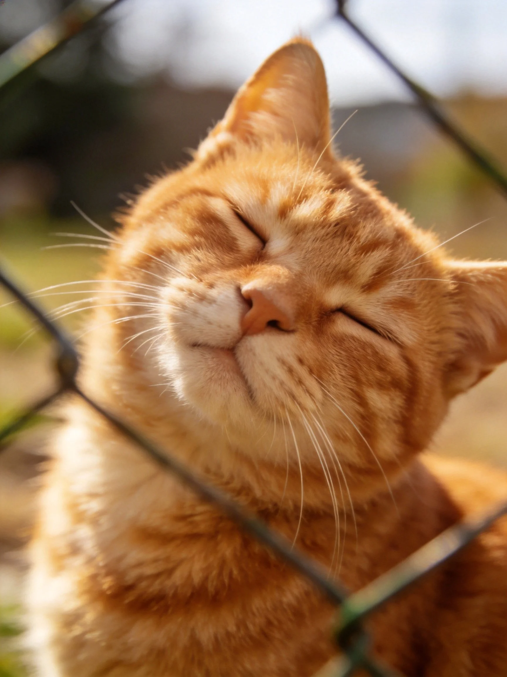 A content orange tabby cat resting near a chain-link fence