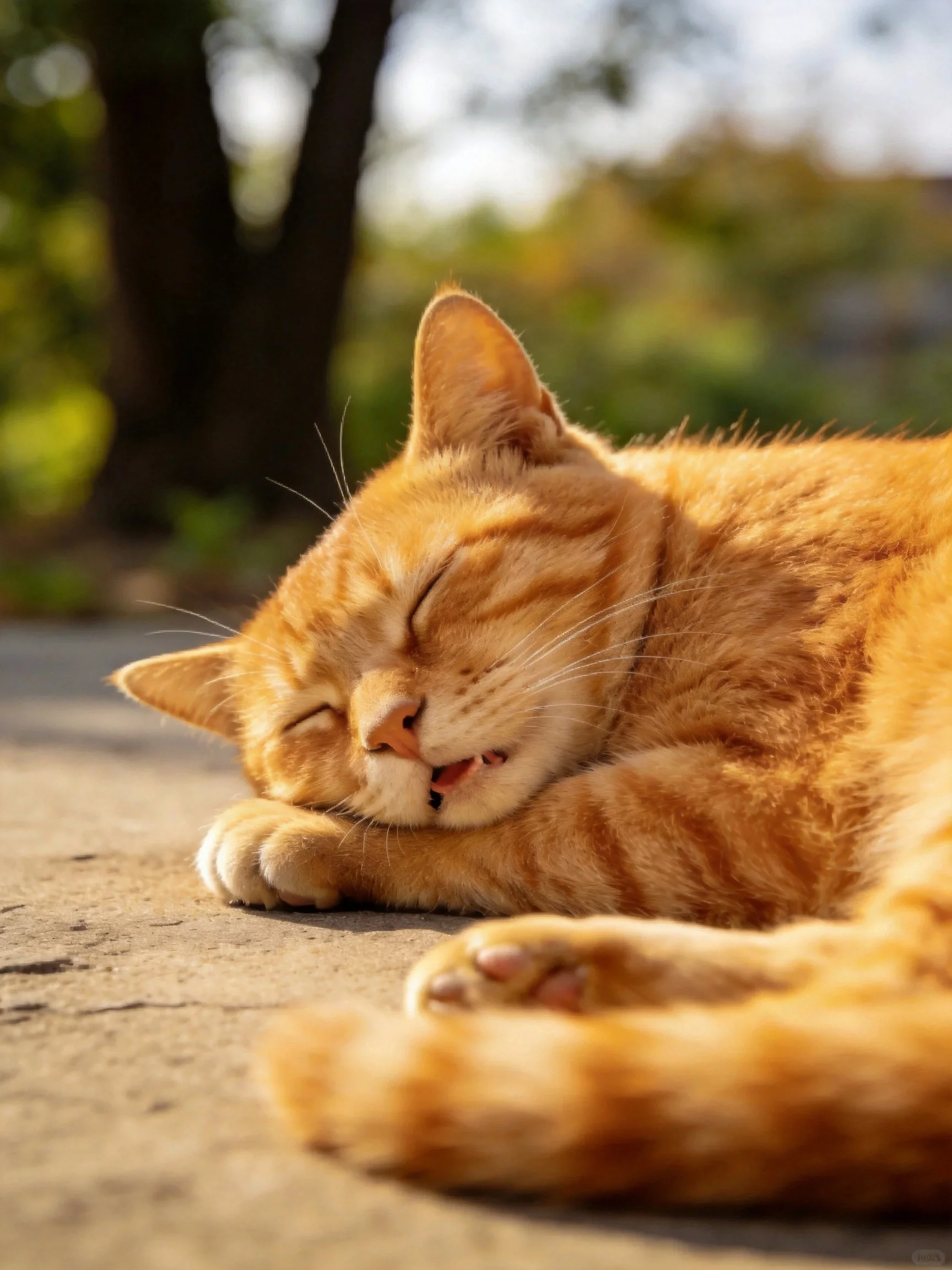 A content orange tabby cat resting on a concrete surface outside