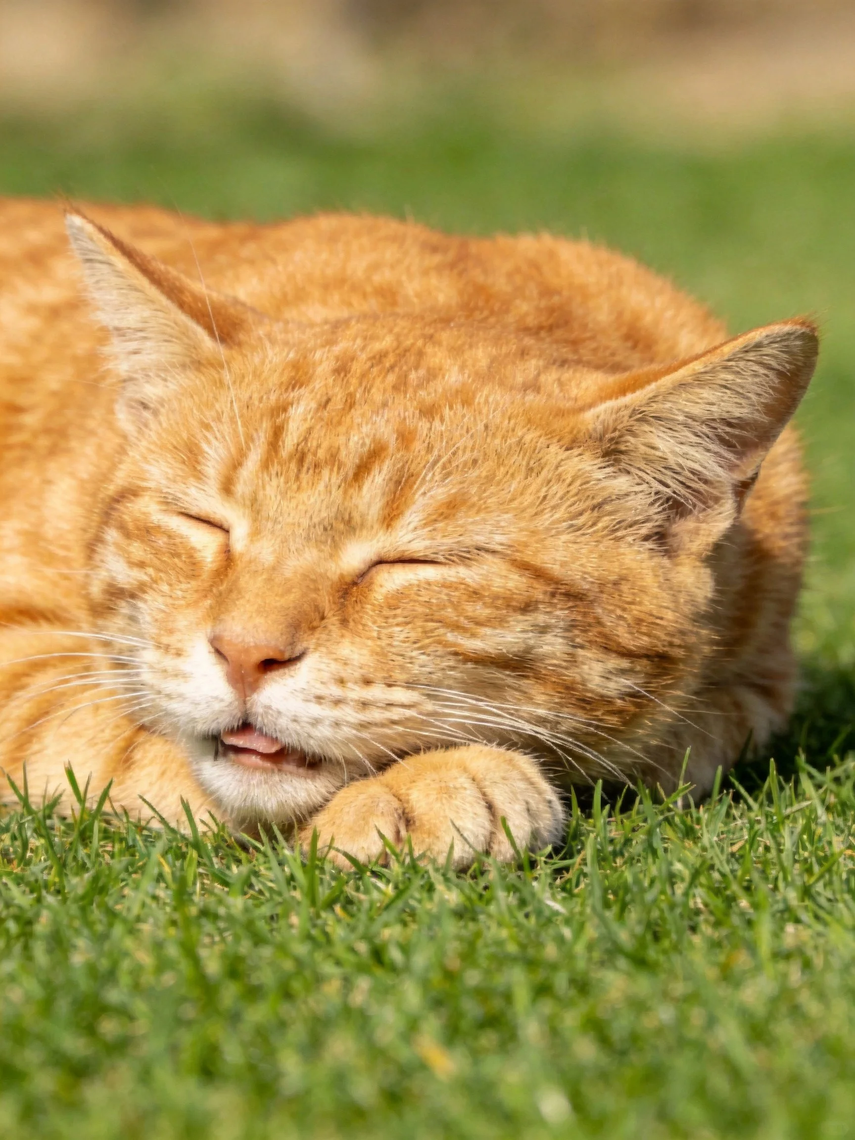 A content orange tabby cat resting on lush green grass