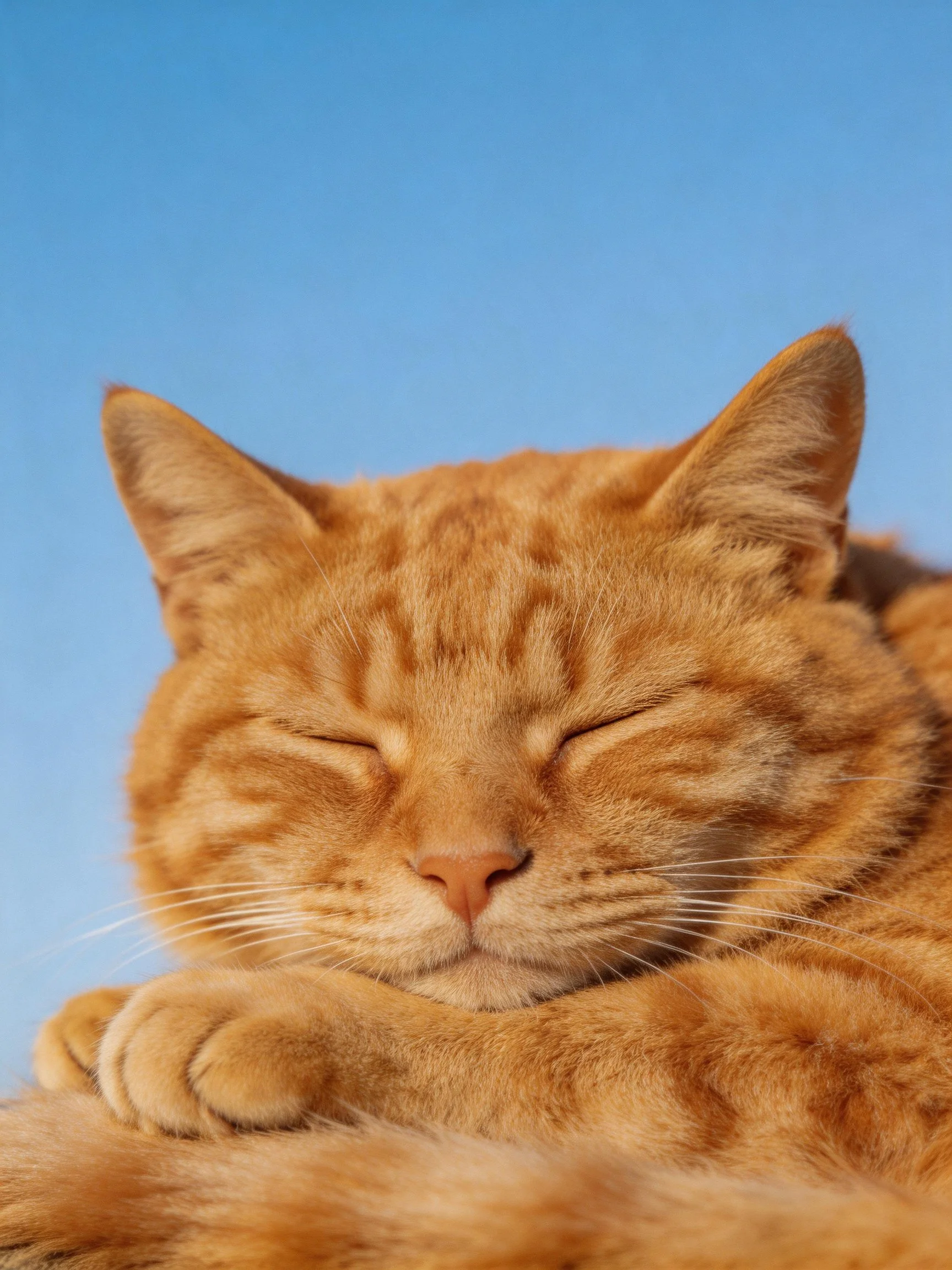 A content orange tabby cat rests against a clear blue background