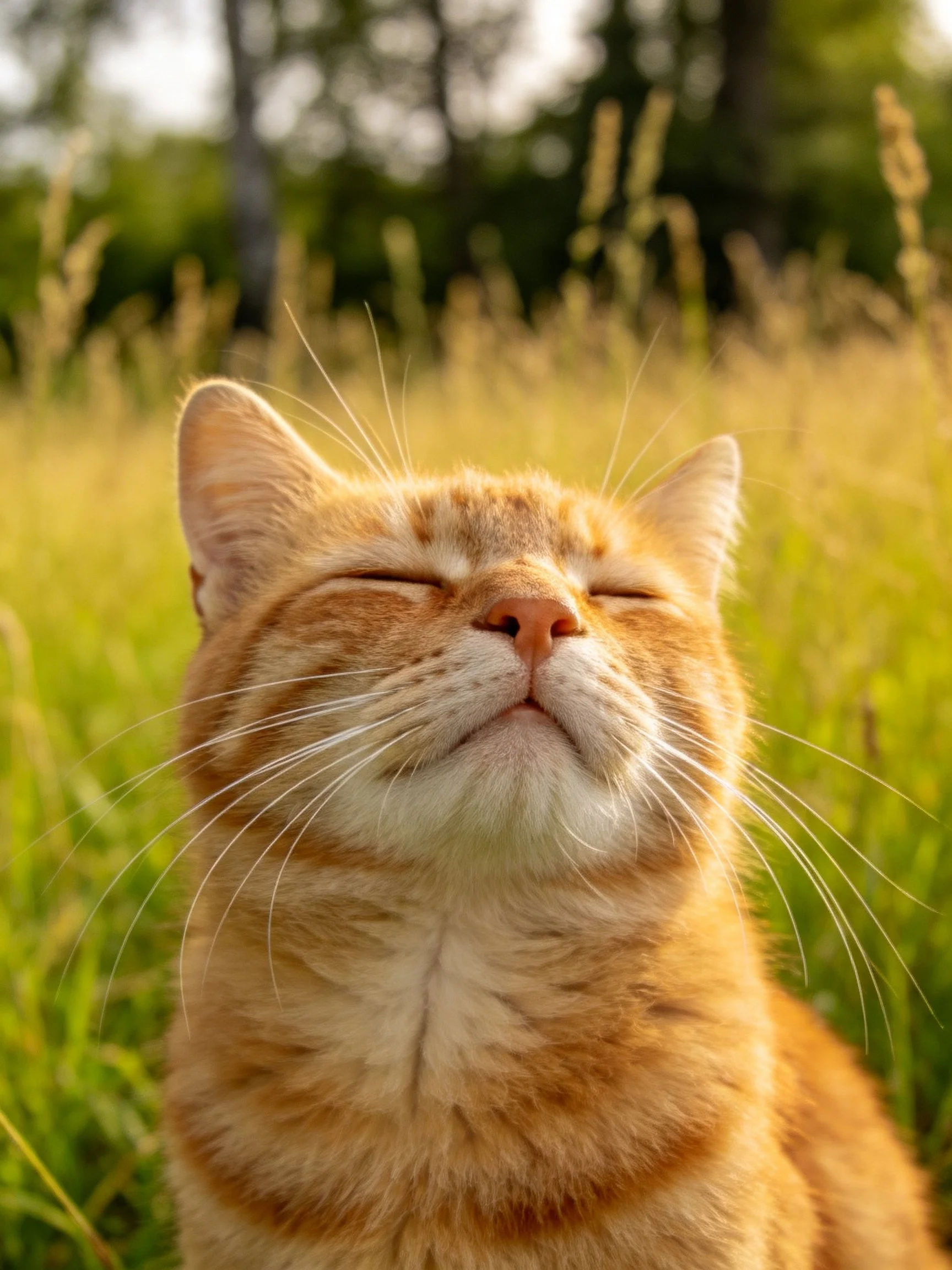 A content orange tabby cat rests amid golden grassy fields