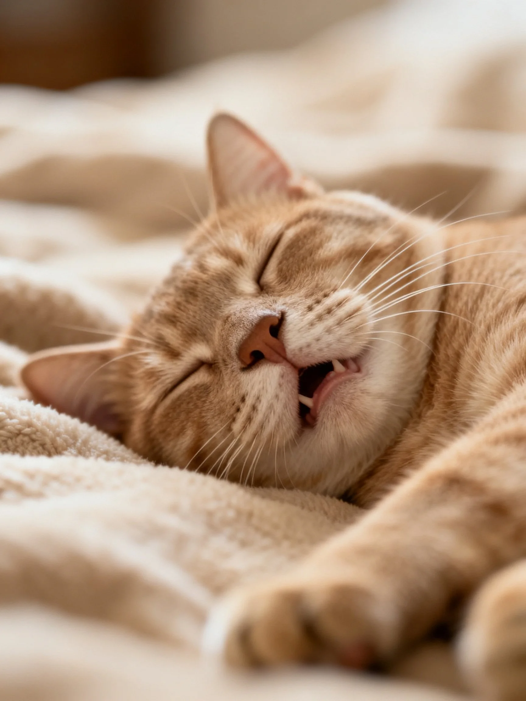 A content orange tabby cat sleeps on a soft beige blanket