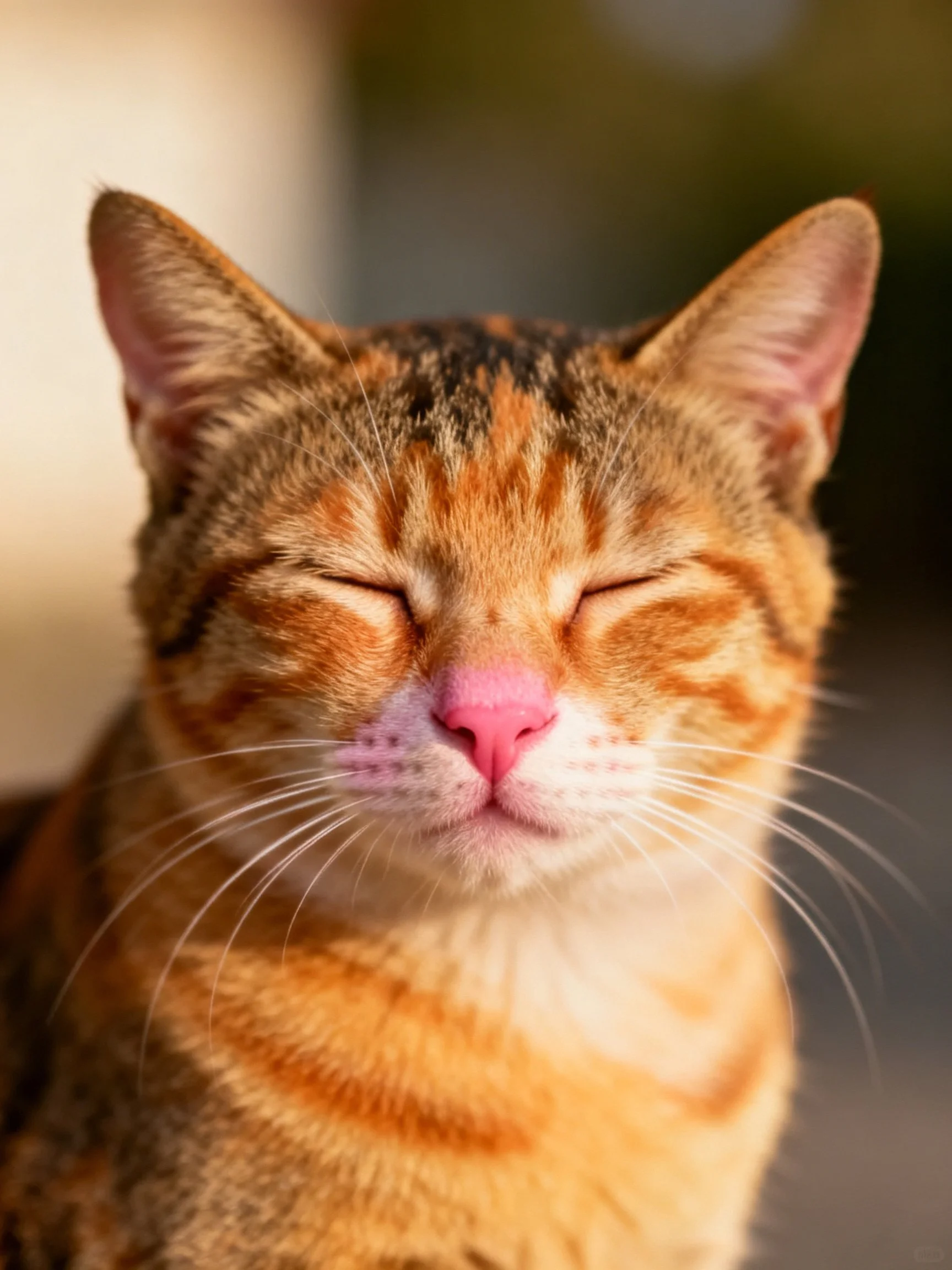 A content orange tabby cat with closed eyes and pink nose