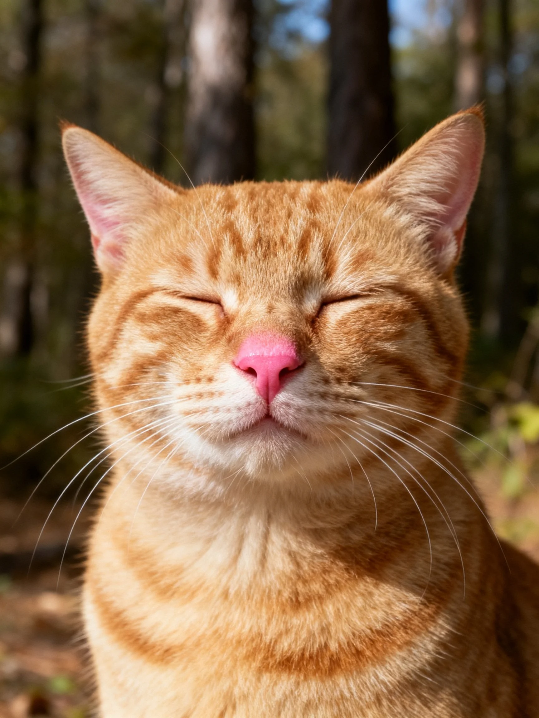 A content orange tabby cat with closed eyes in a forest