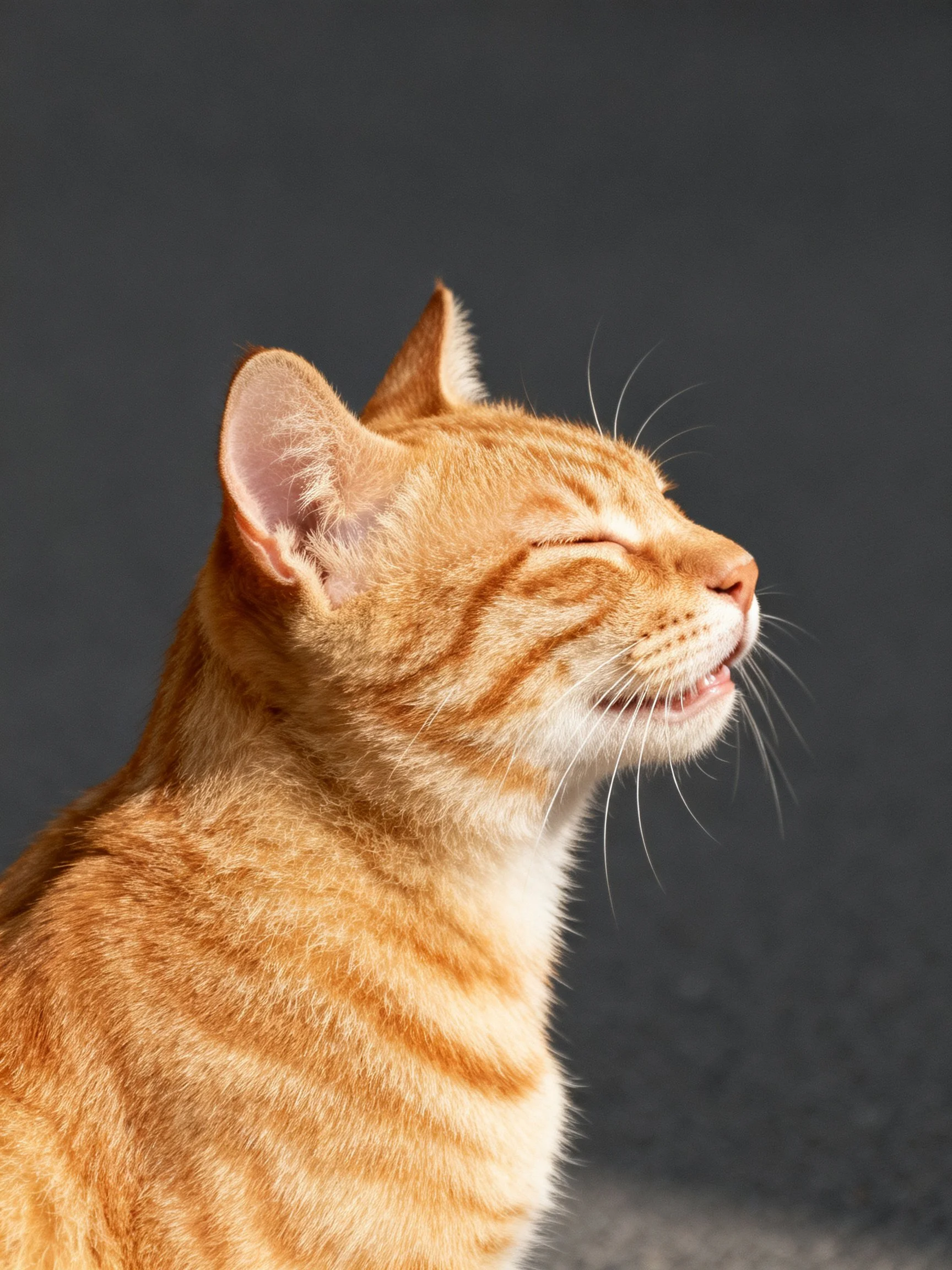 A content orange tabby cat with striped fur on a dark background