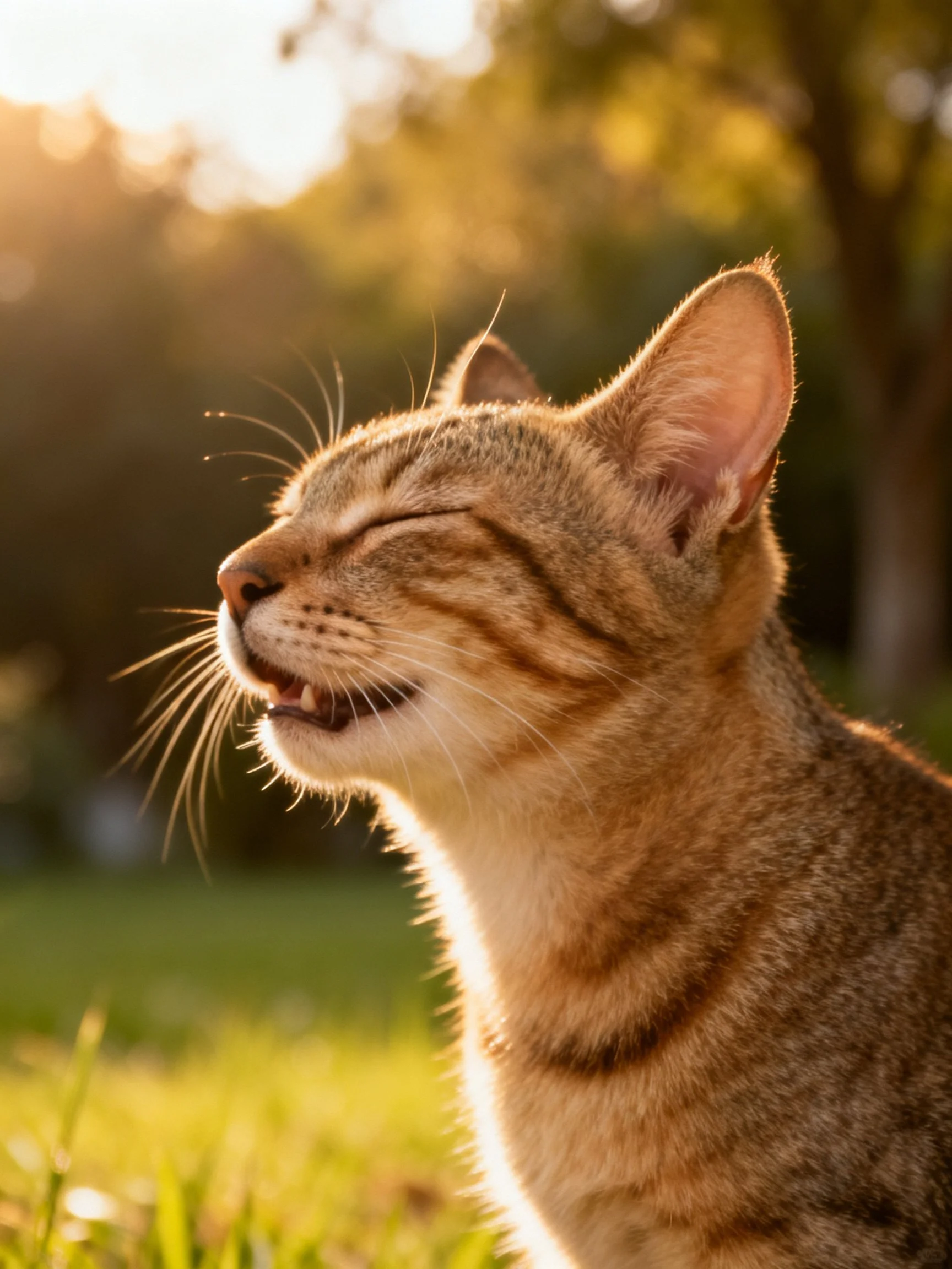 A content tabby cat basking in golden outdoor sunlight