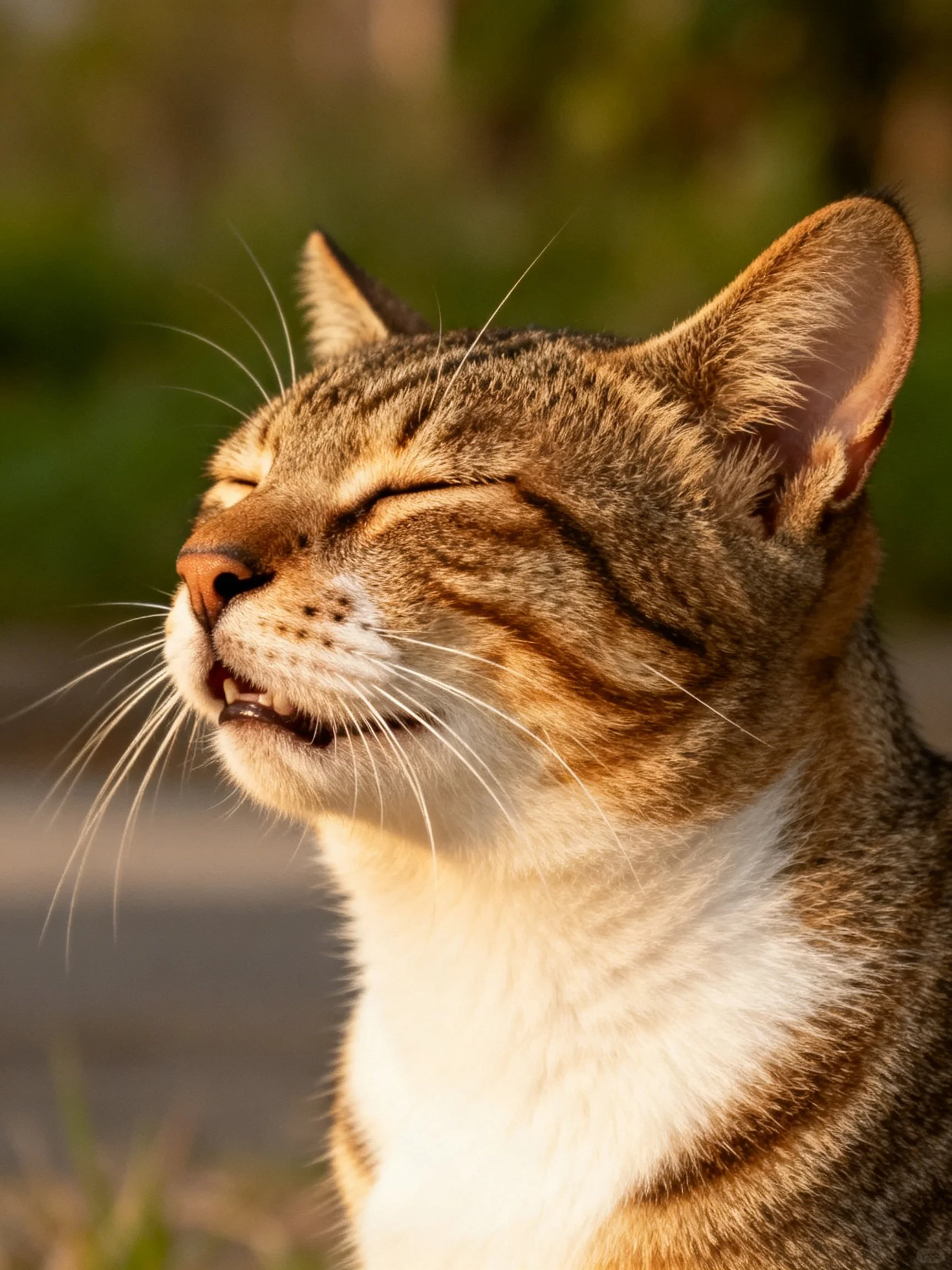 A content tabby cat basking in warm golden sunlight
