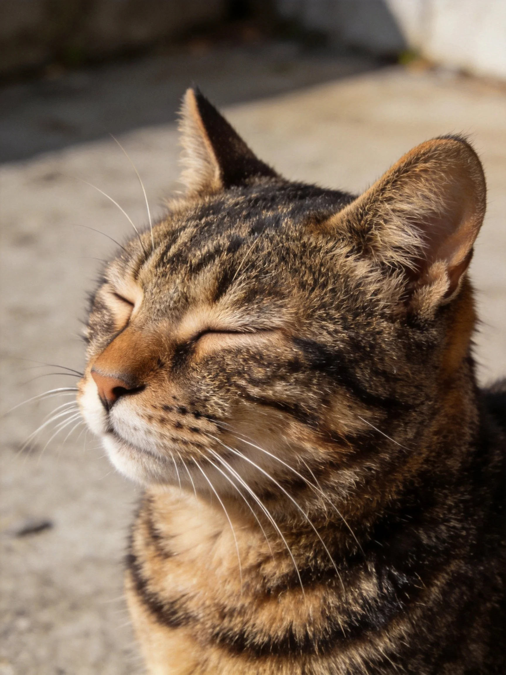 A content tabby cat enjoying sunlight with closed eyes