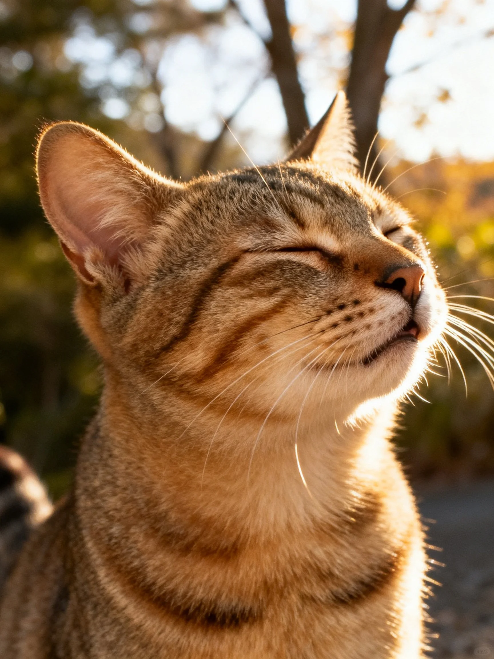 A content tabby cat enjoys golden sunlight outdoors