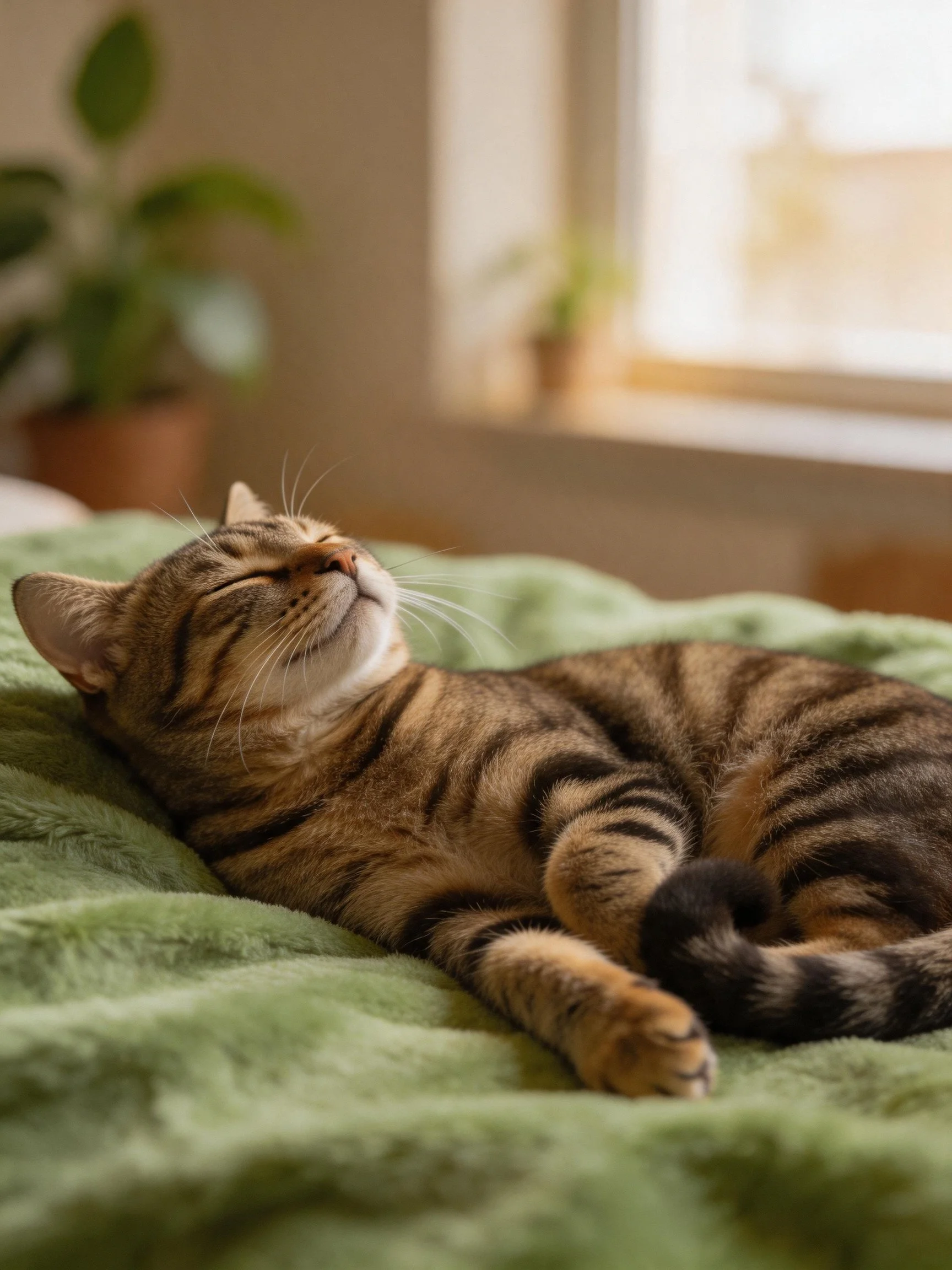 A content tabby cat lies on a soft green blanket by a sunlit window.