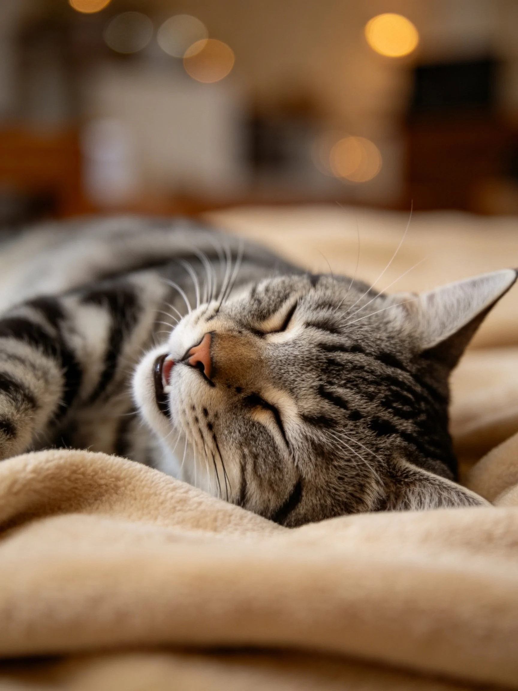 A content tabby cat napping on a soft beige blanket