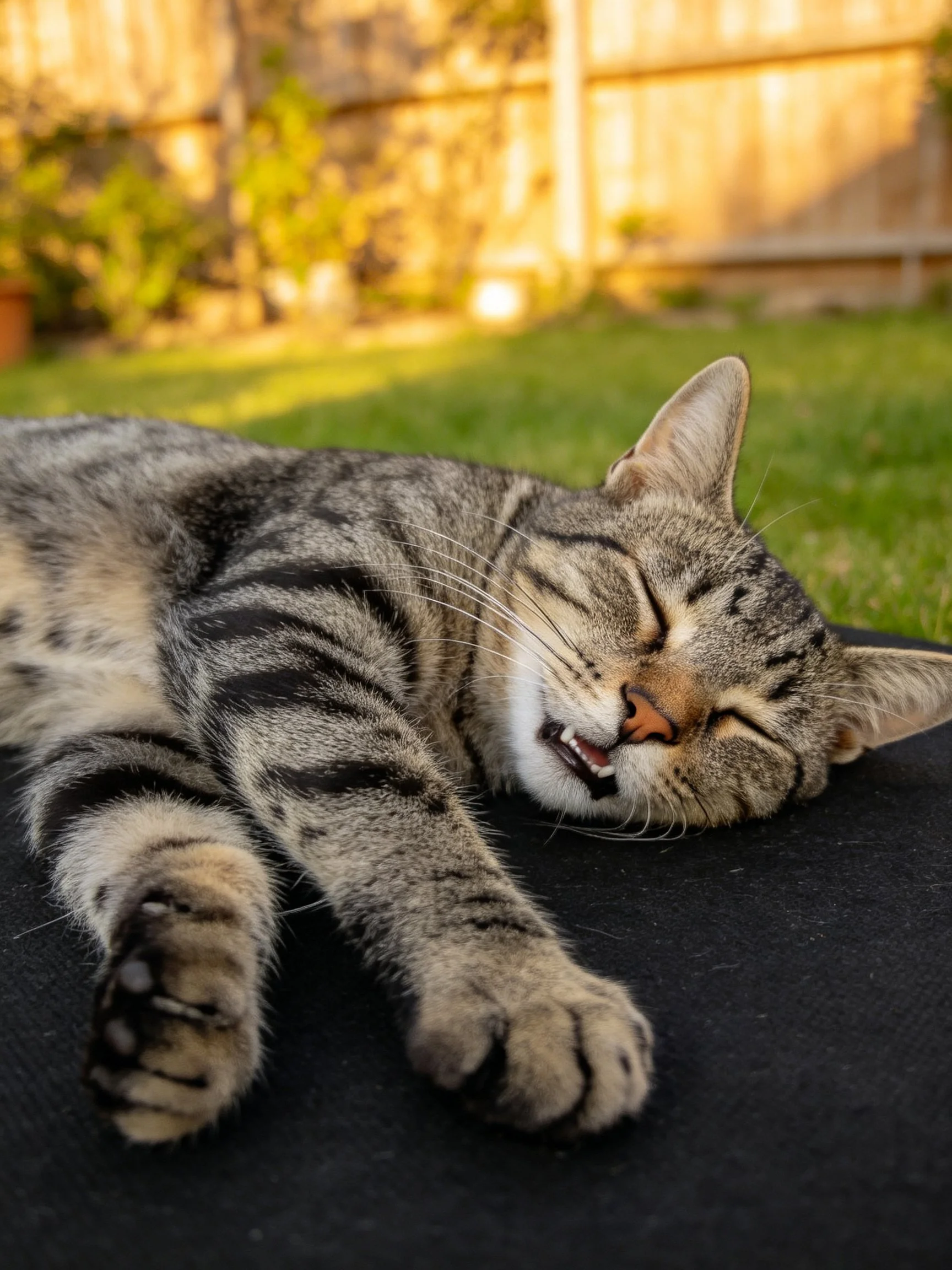 A content tabby cat naps on a dark surface in a sunlit backyard