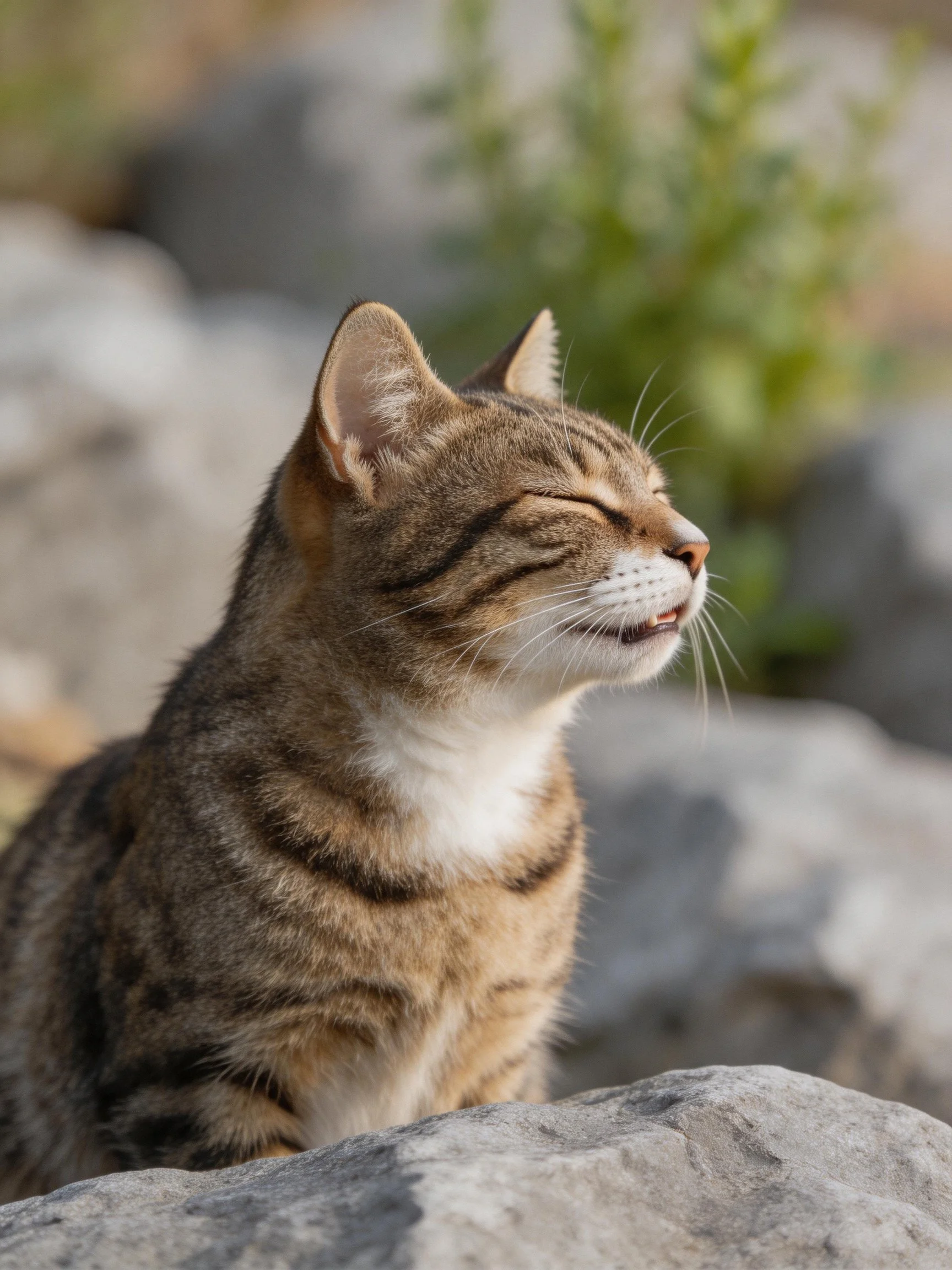 A content tabby cat resting near gray rocks and green foliage