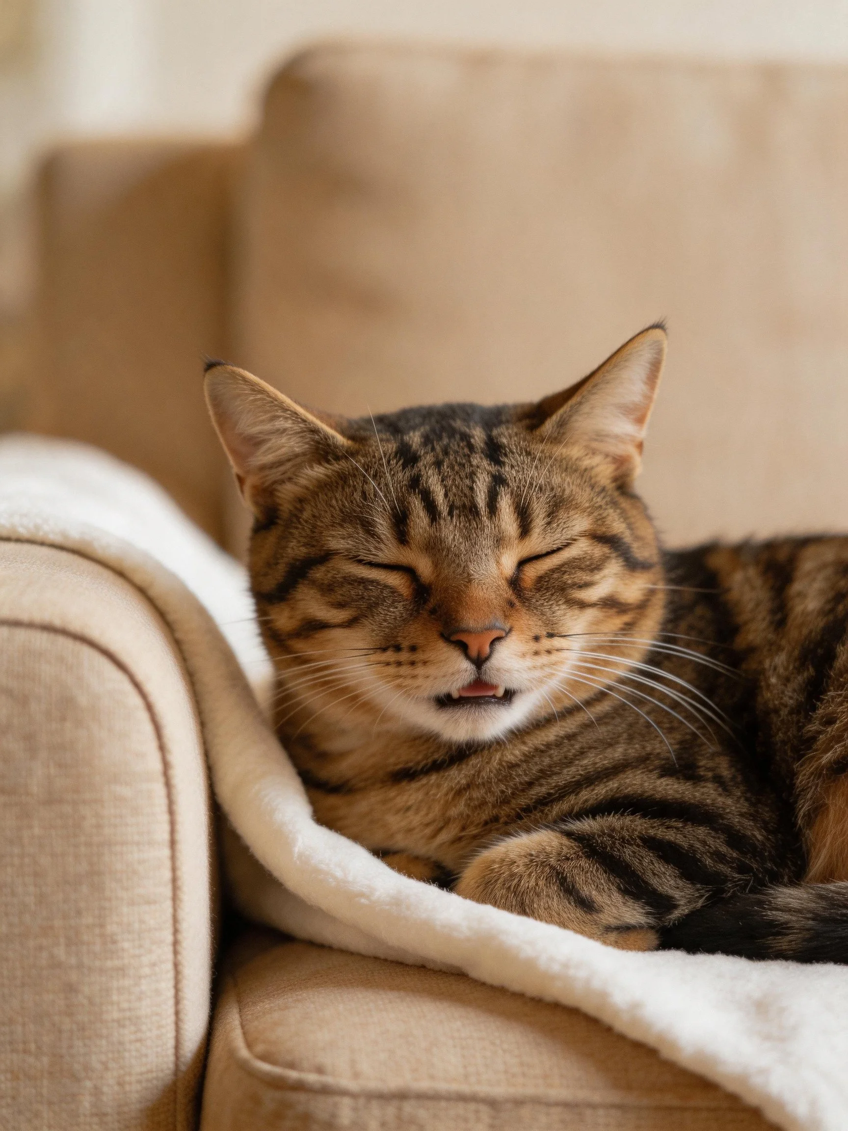 A content tabby cat resting on a beige sofa with a white blanket