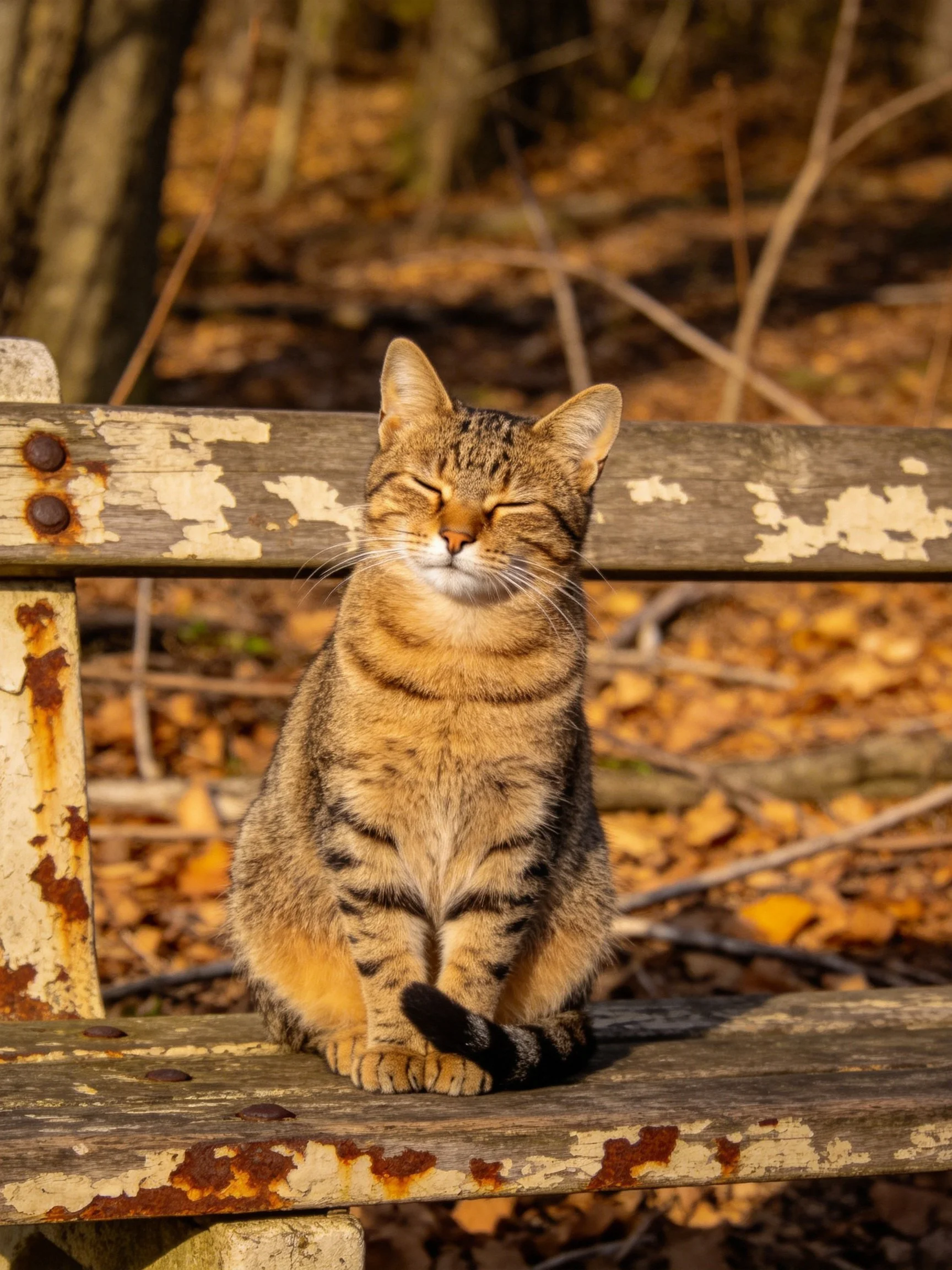 A content tabby cat resting on a weathered wooden bench amid autumn foliage