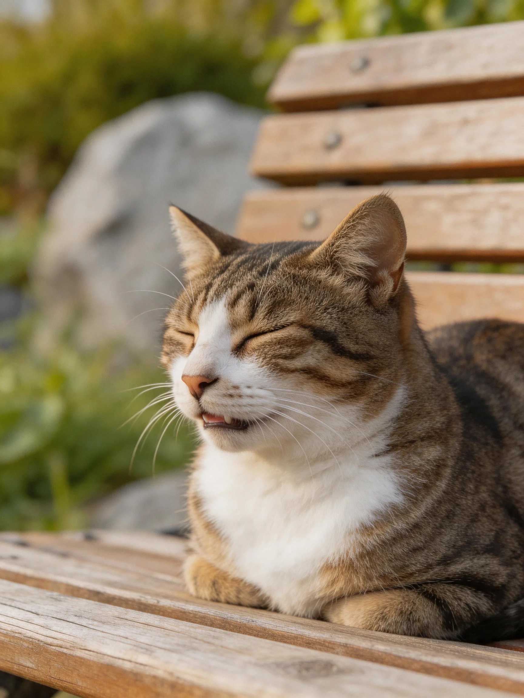 A content tabby cat resting on a weathered wooden bench