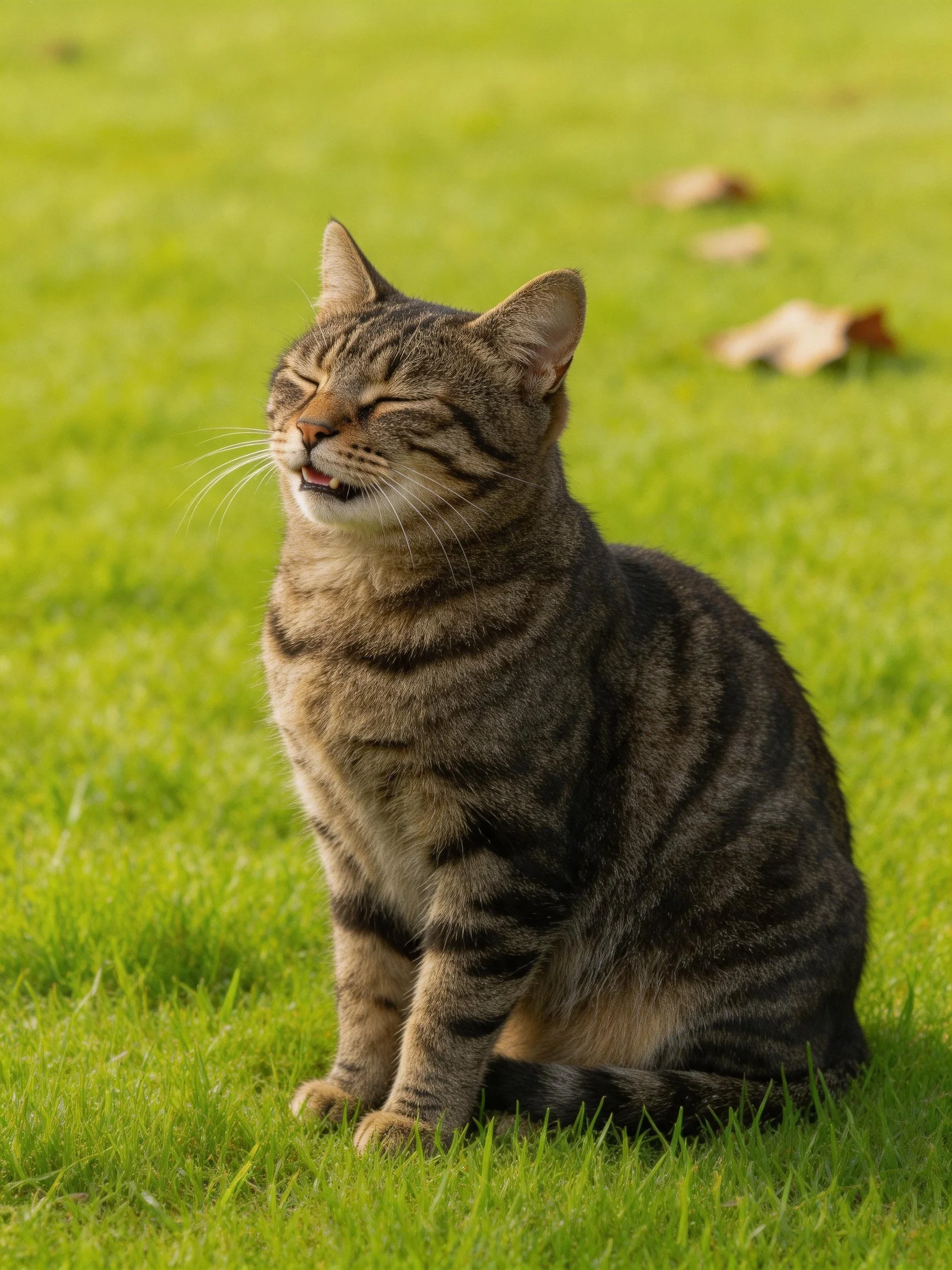 A content tabby cat resting on vibrant green grass