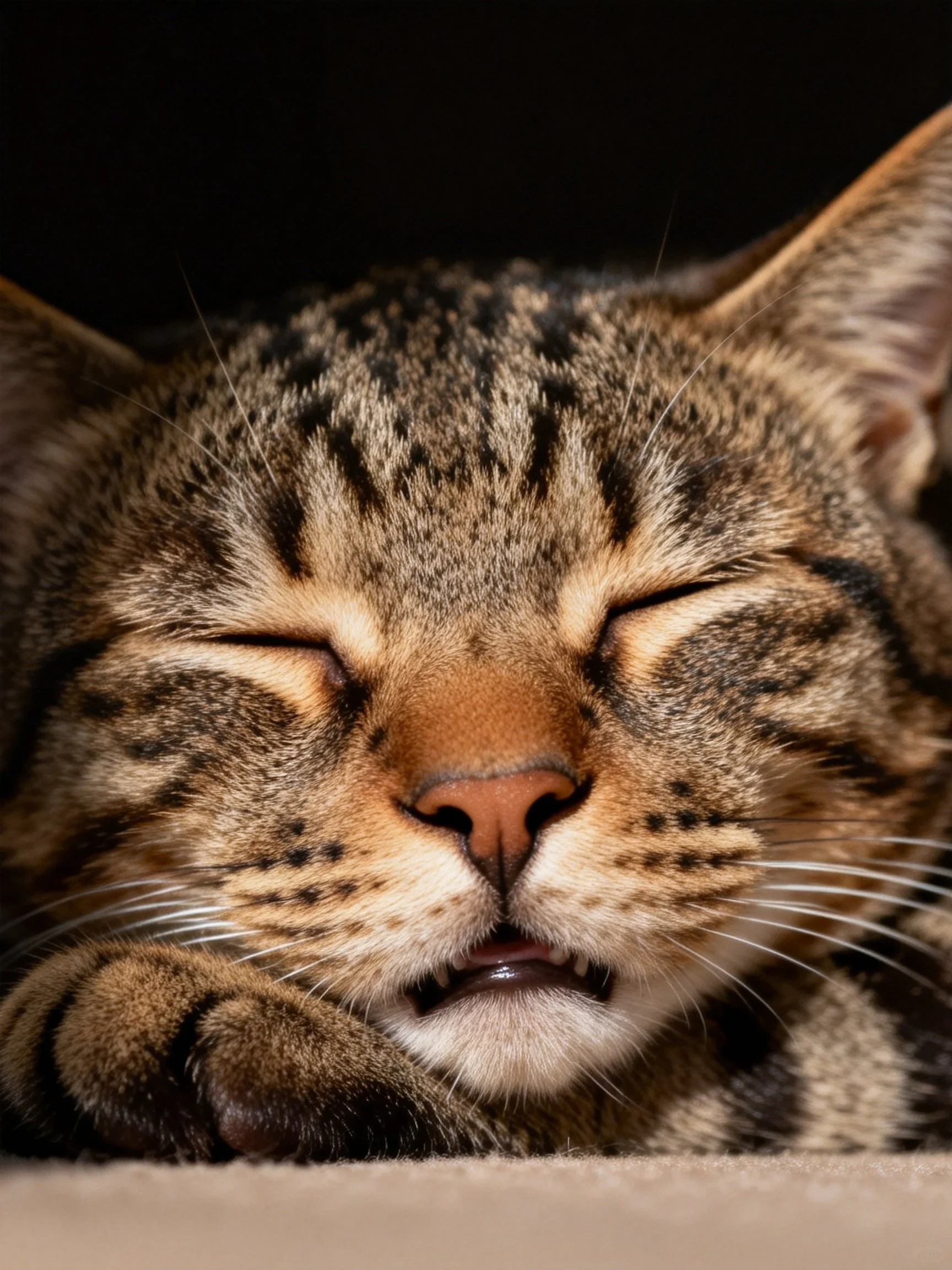 A content tabby cat resting with closed eyes and striped fur