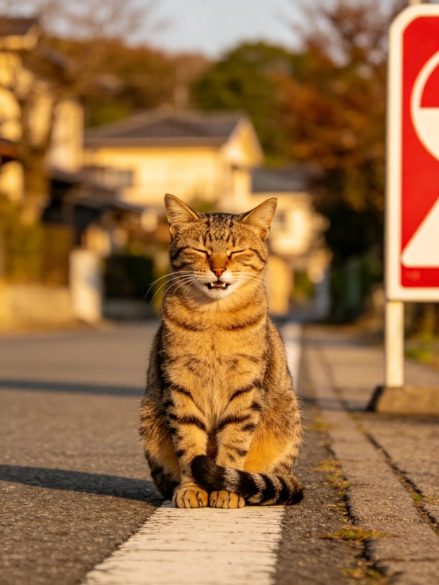 A content tabby cat sits on a sunlit suburban road