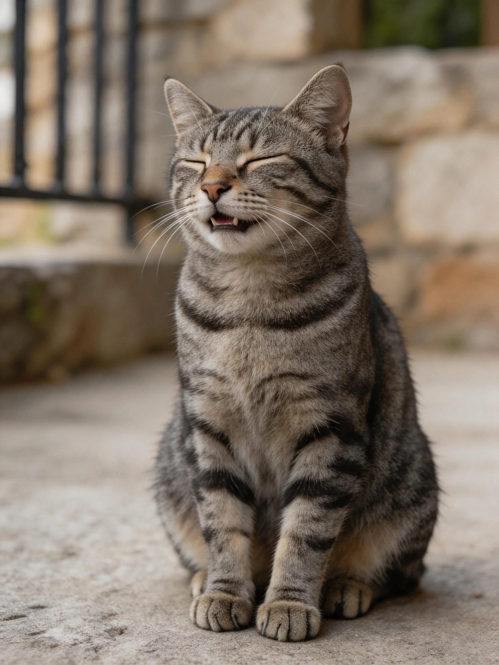 A content tabby cat sits with eyes closed on a stone surface
