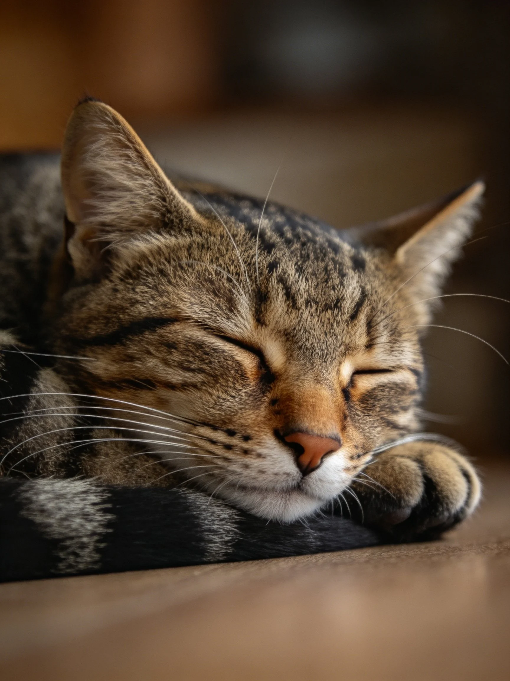 A content tabby cat sleeps peacefully with closed eyes