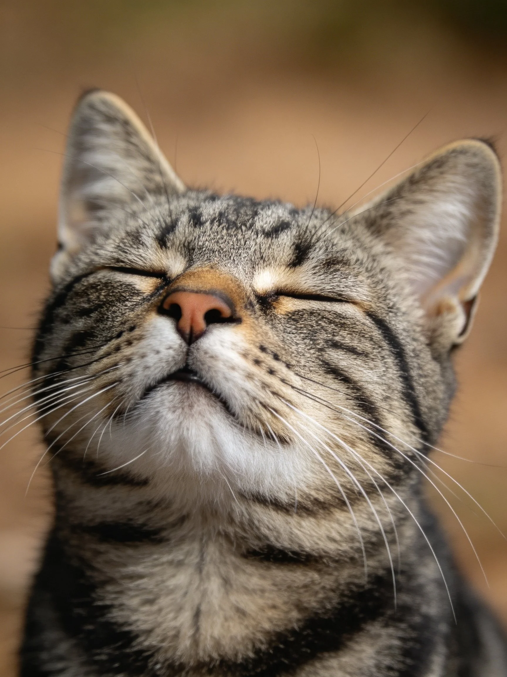 A content tabby cat with closed eyes and striped fur