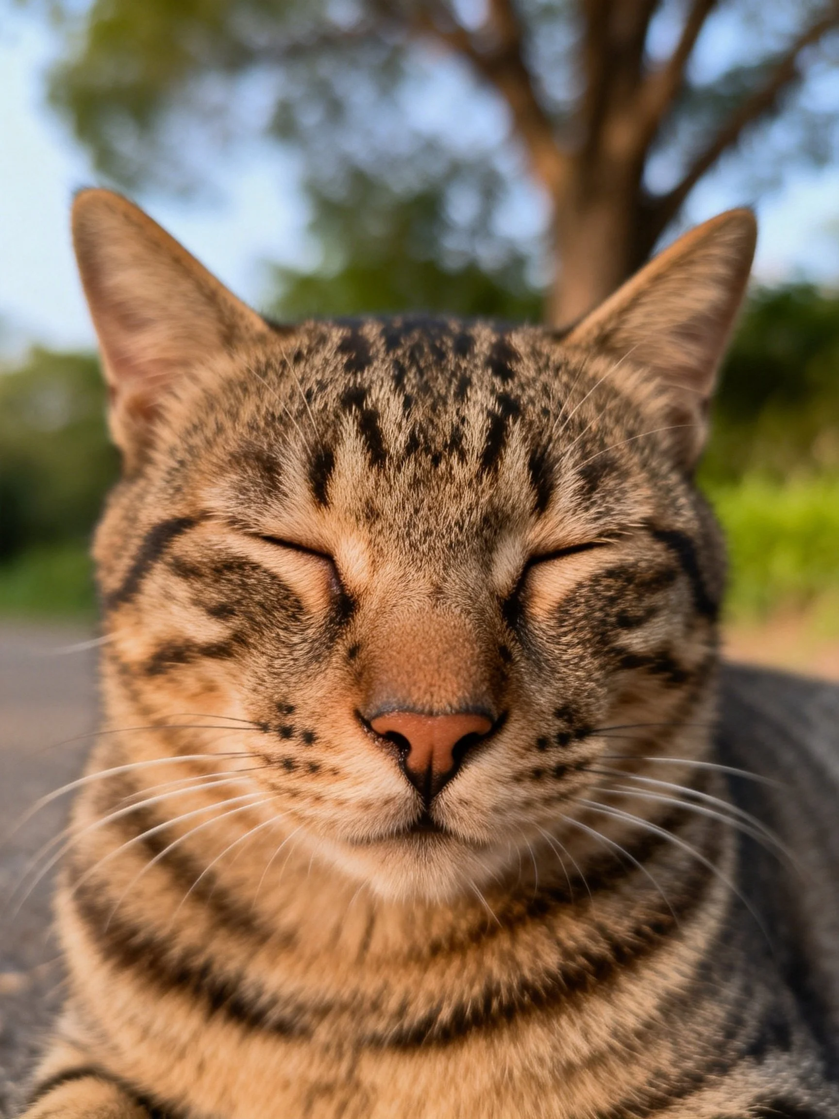 A content tabby cat with closed eyes outdoors