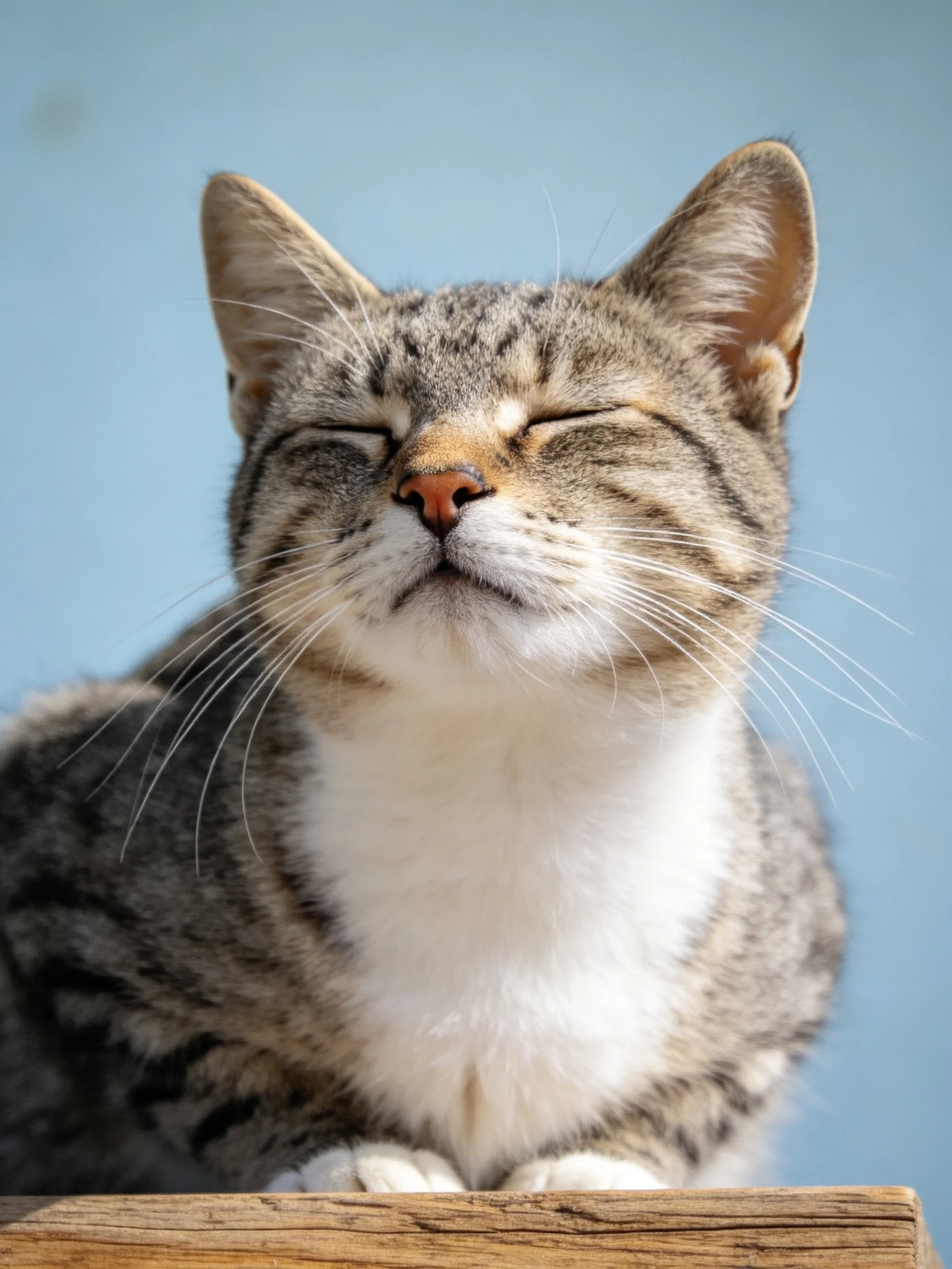 A content tabby cat with closed eyes resting on wood against a blue backdrop.