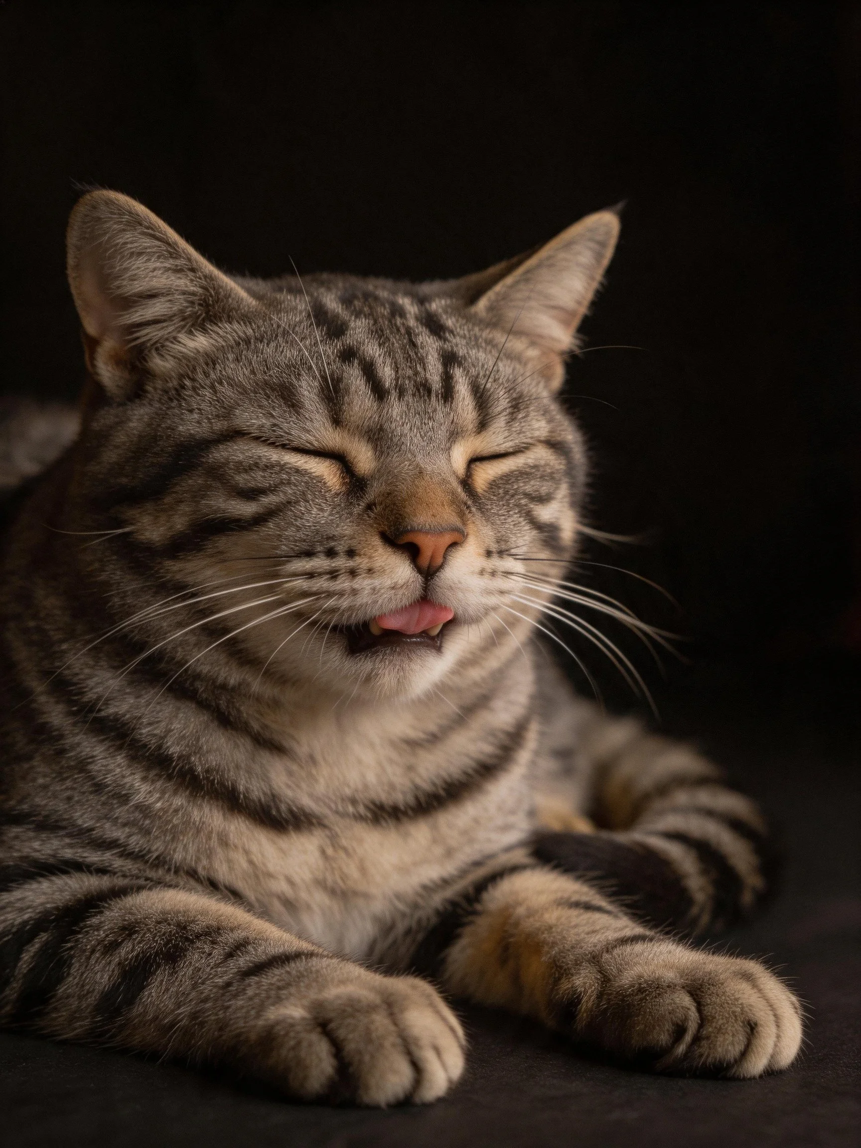 A content tabby cat with striped fur resting against a dark backdrop