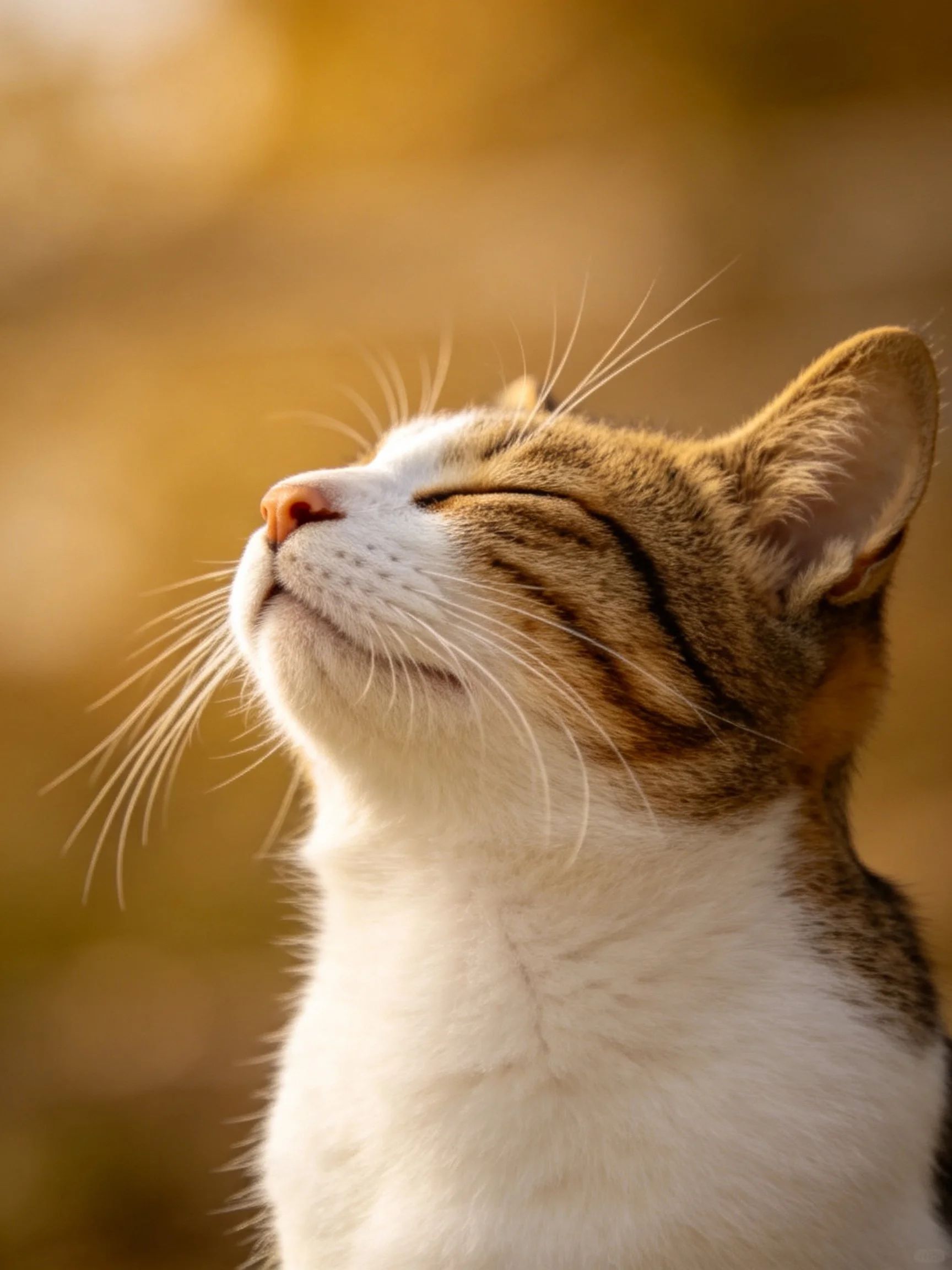 A contented tabby cat with closed eyes in warm golden light