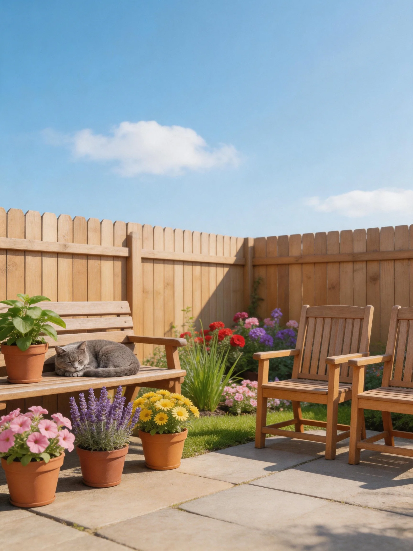 A cozy backyard patio with wooden furniture, colorful potted plants, and a resting gray cat