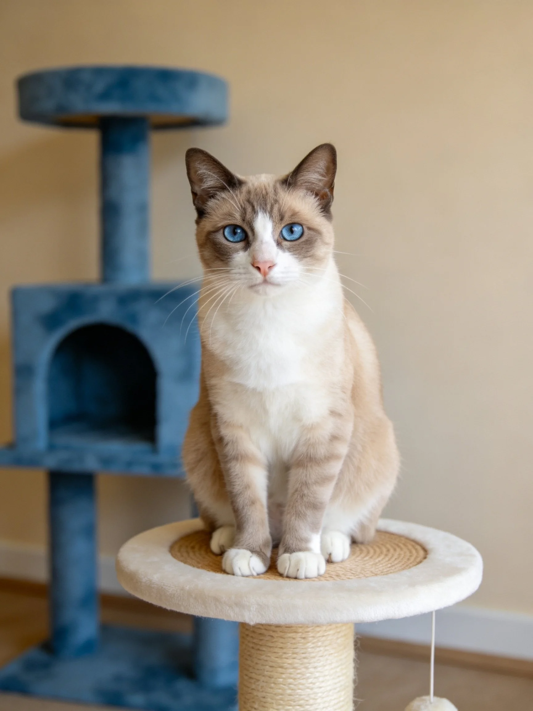 A cream and brown Siamese cat sits on a round platform near a blue cat tree