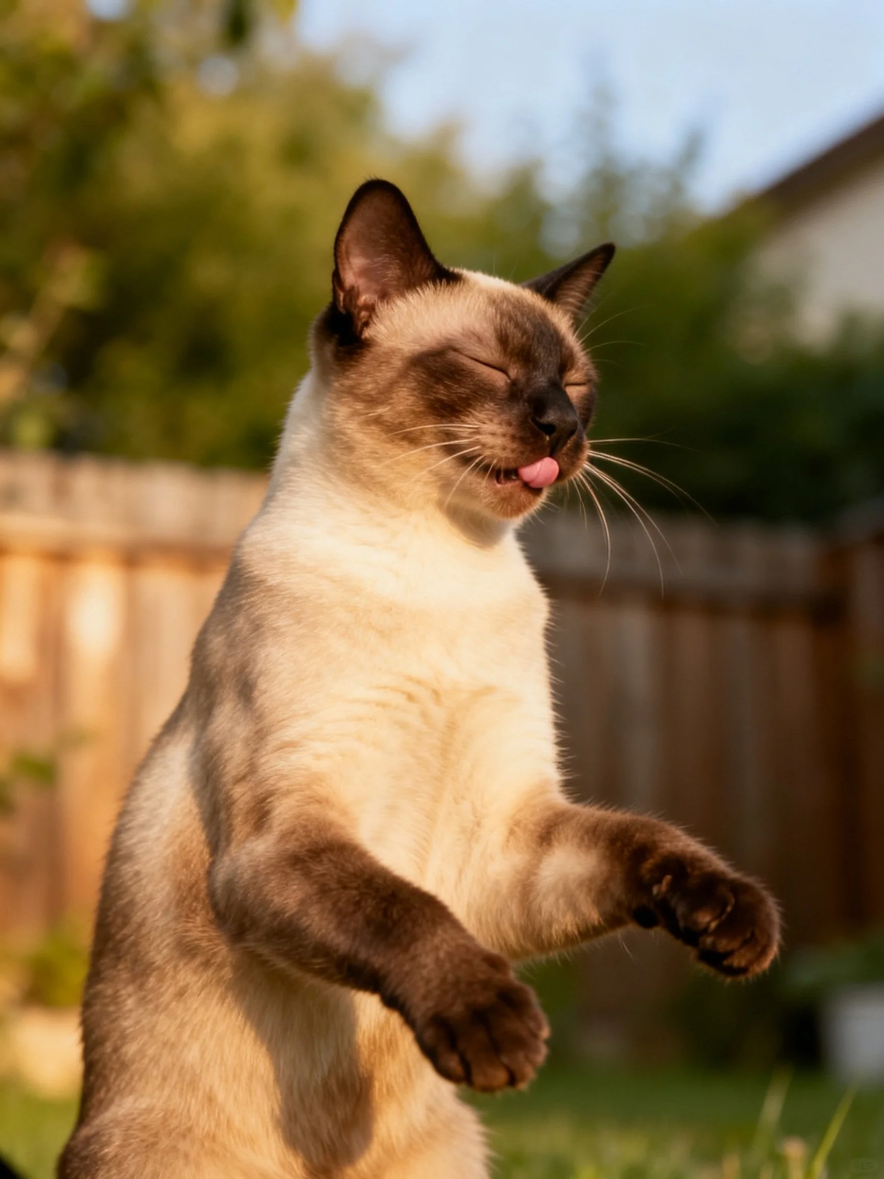 A cream and brown Siamese cat stretching in a sunlit backyard
