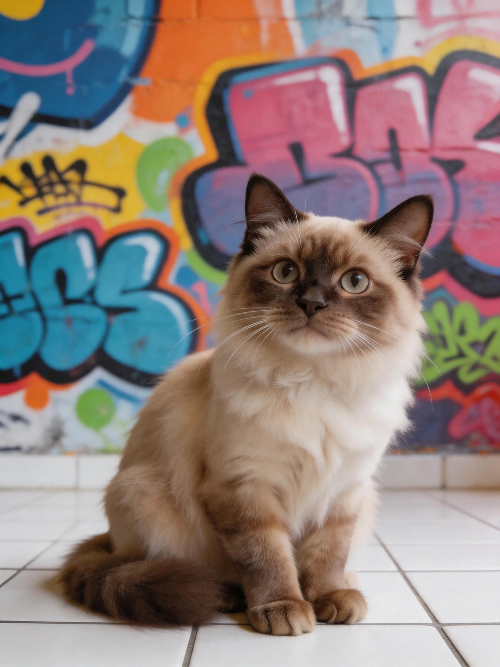A cream and brown cat sits on white tiles near colorful graffiti