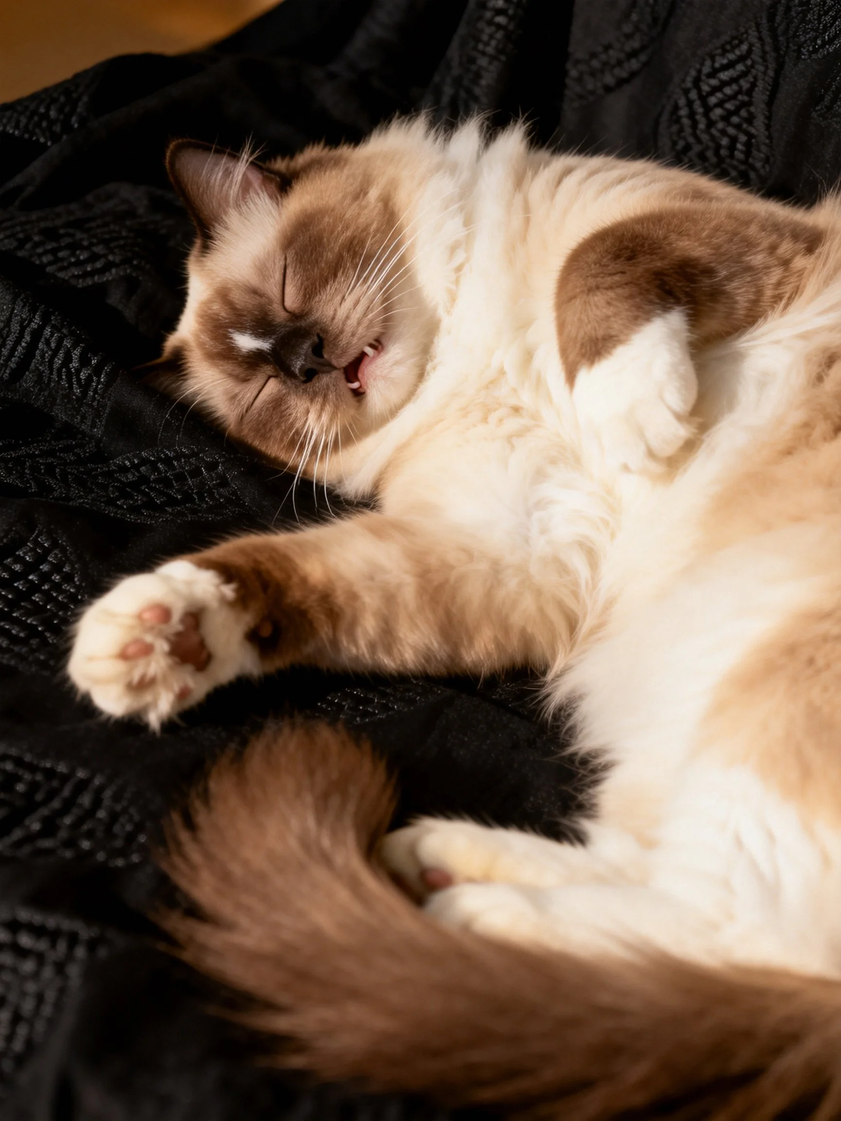 A cream and brown cat sleeps on a dark patterned fabric