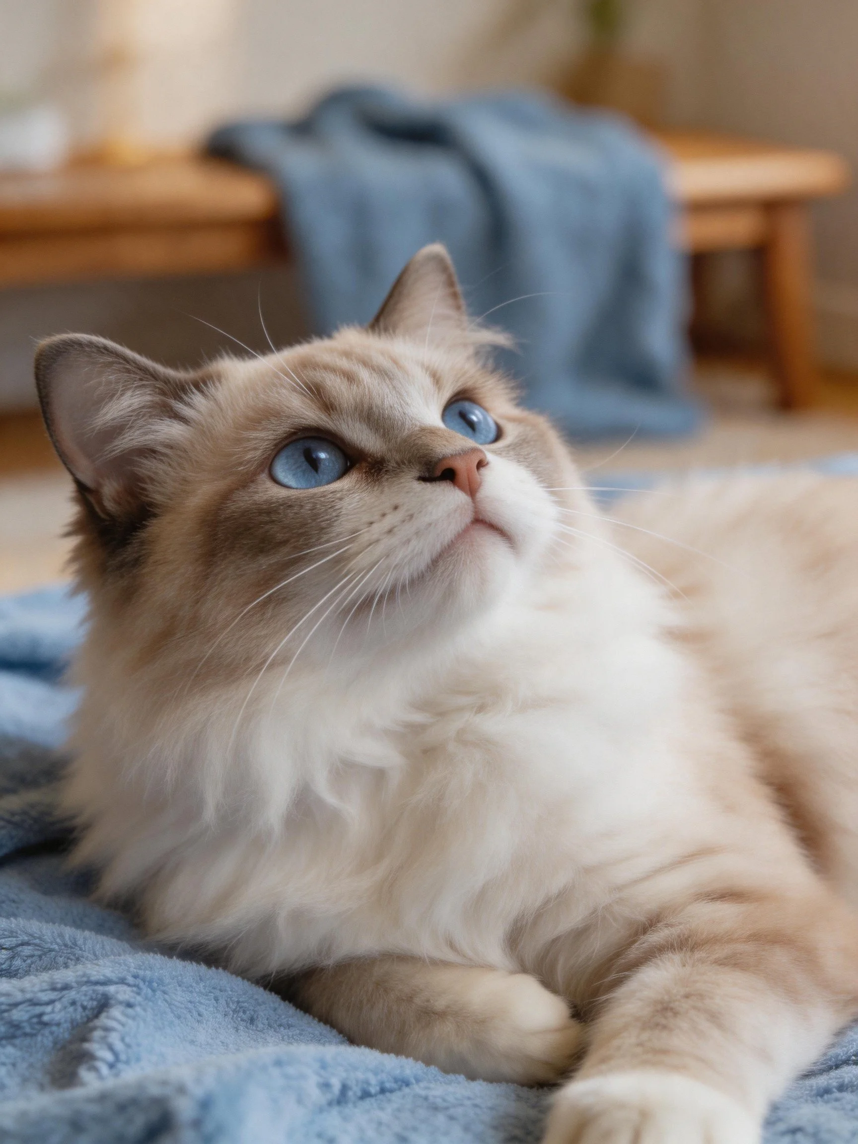 A cream - and - brown cat with blue eyes relaxes on a blue towel indoors.