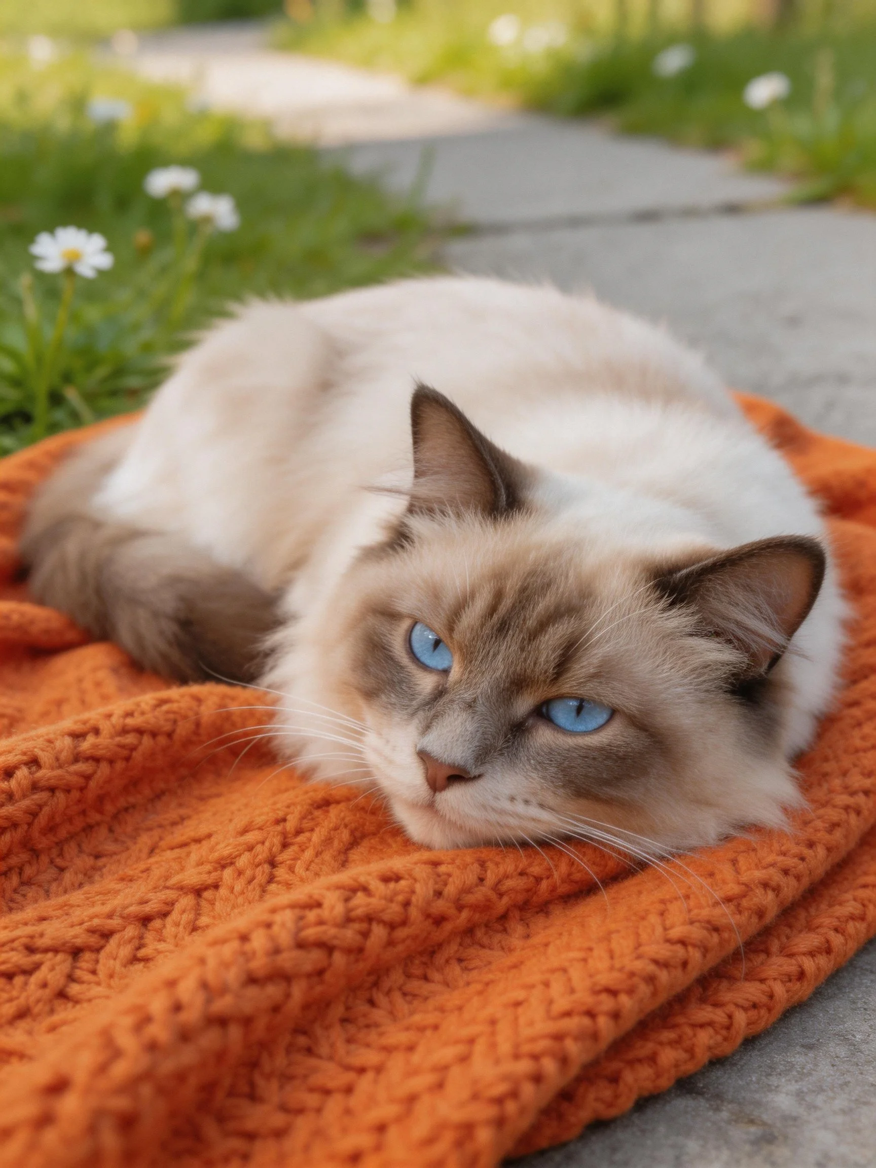 A cream and brown cat with blue eyes lies on an orange blanket outside