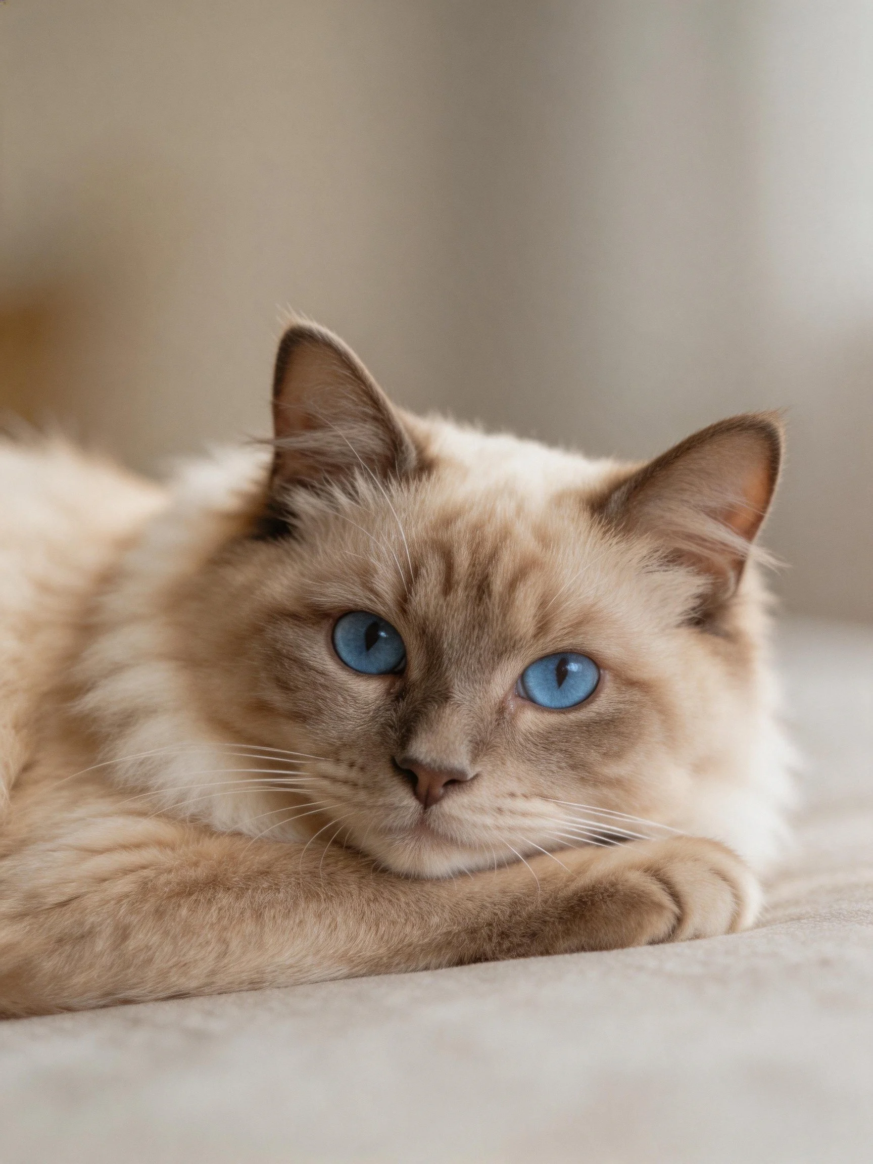 A cream and brown cat with bright blue eyes lies relaxed on a soft surface