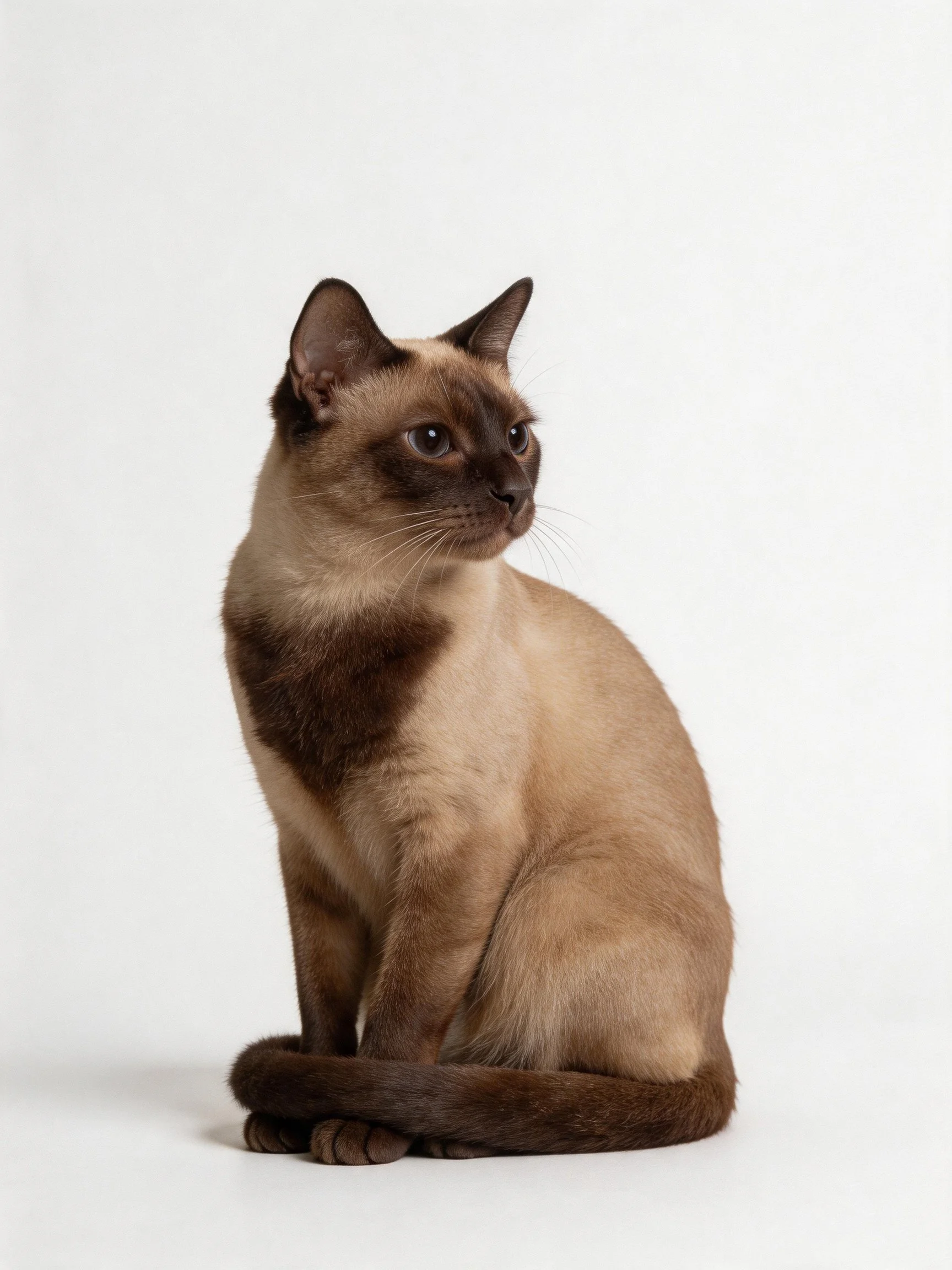 A cream and chocolate Siamese cat sits poised on a white backdrop