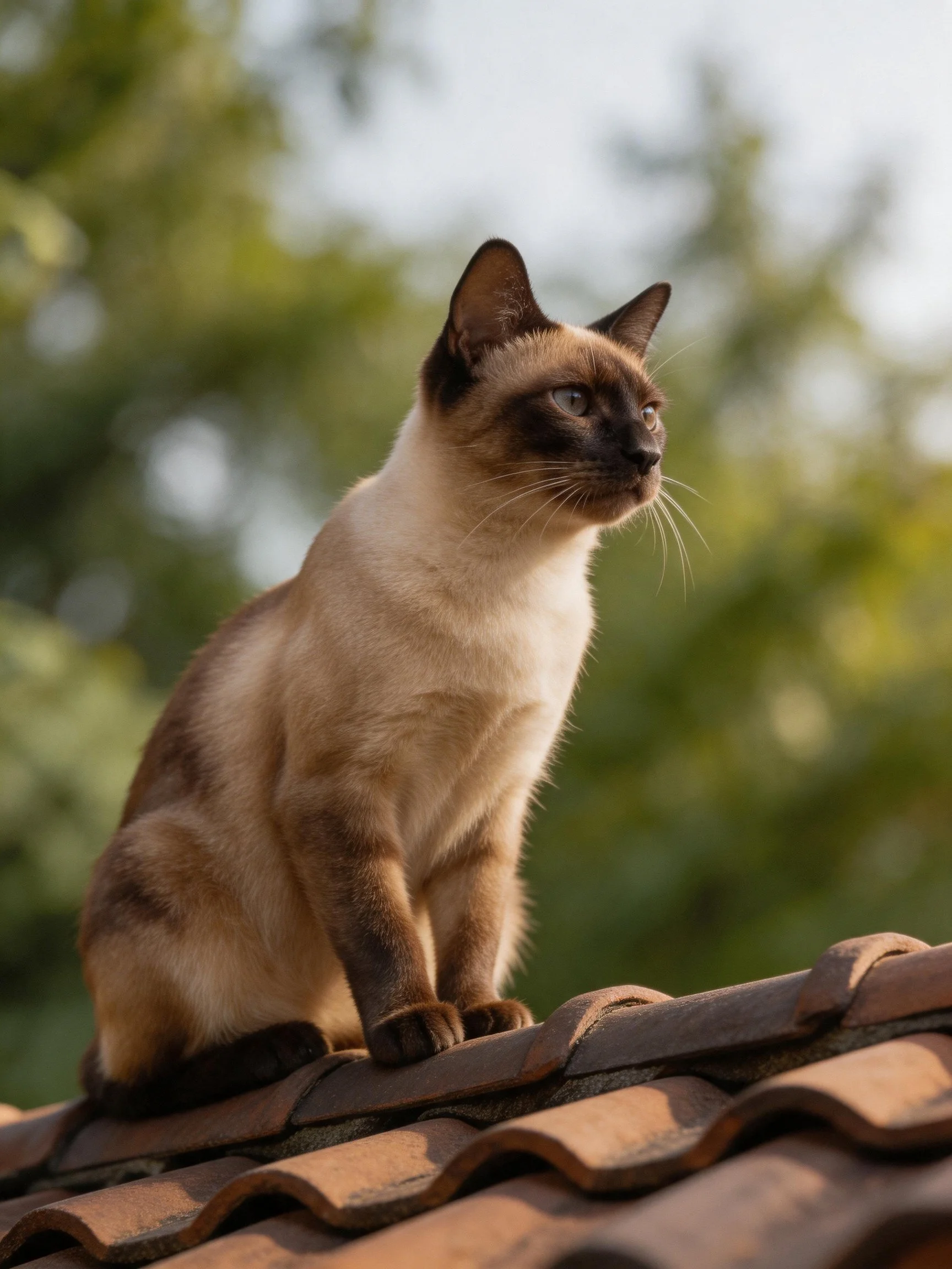 A cream and dark brown Siamese cat sits on a terracotta-tiled roof