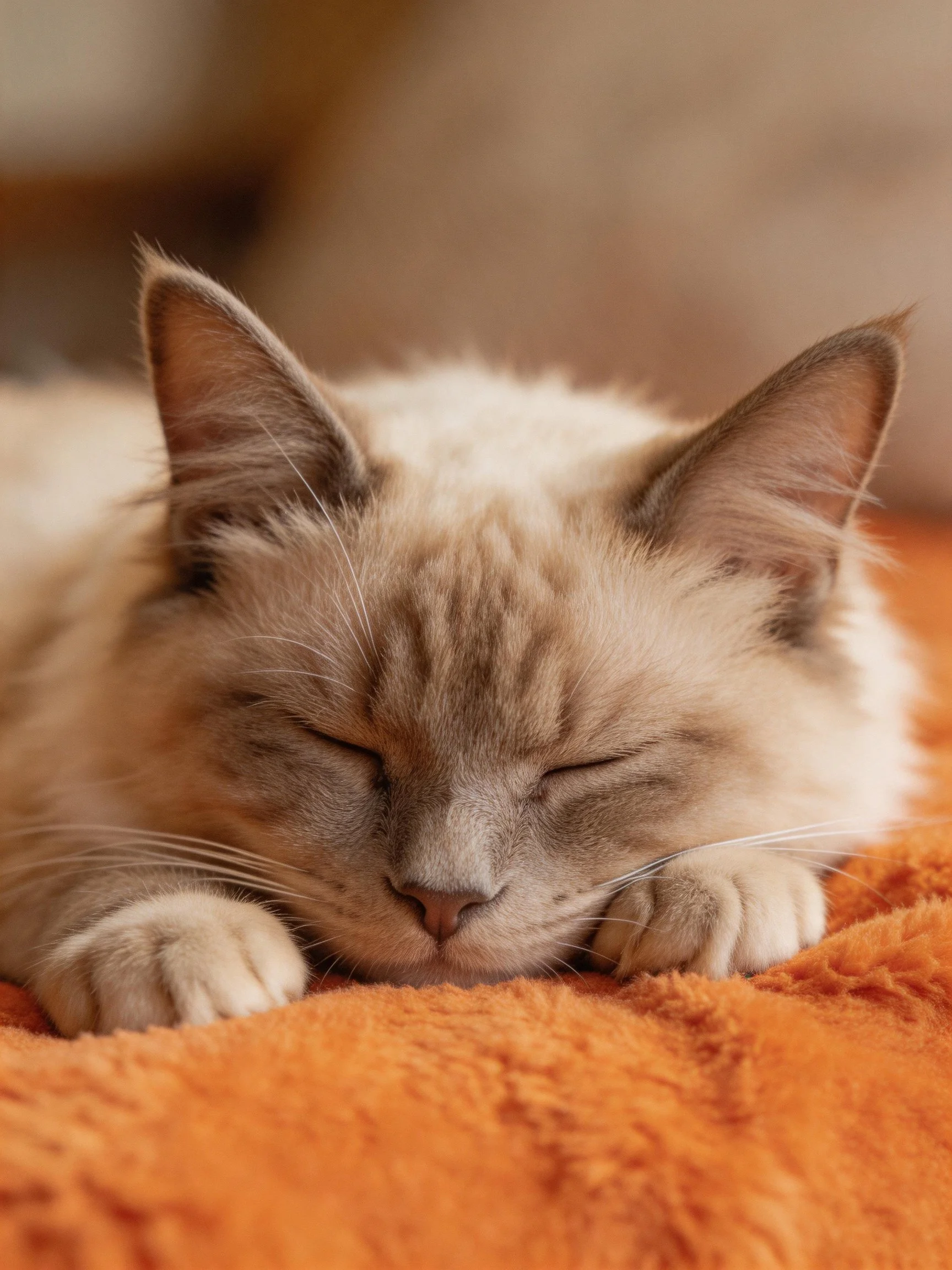 A cream and gray cat naps on a bright orange blanket