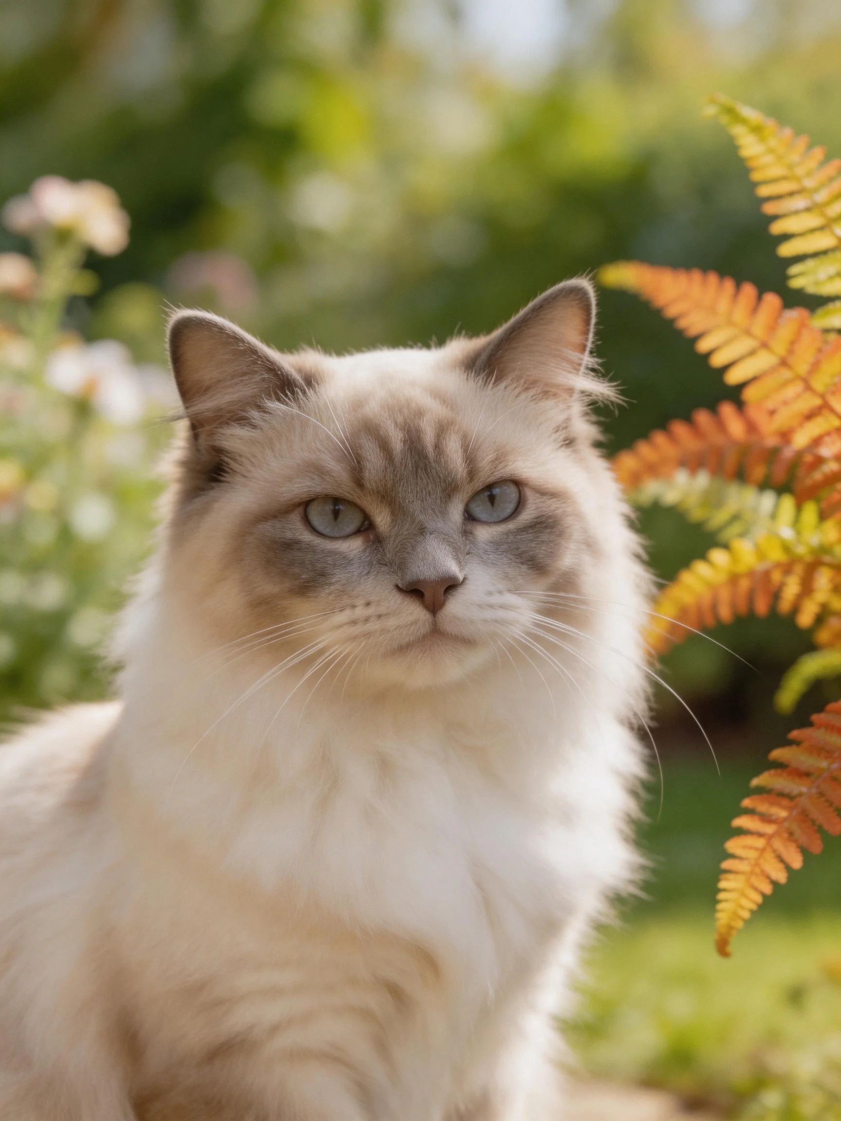 A cream-and-gray cat with blue eyes sits among greenery and golden ferns.